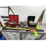 LOT OF ASSORTED TOOSL ON SHELF, INCLUDES WRENCHES, DEWALT CIRCULAR SAW, BAND SAWS AND MORE