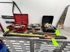 LOT OF ASSORTED TOOSL ON SHELF, INCLUDES WRENCHES, DEWALT CIRCULAR SAW, BAND SAWS AND MORE