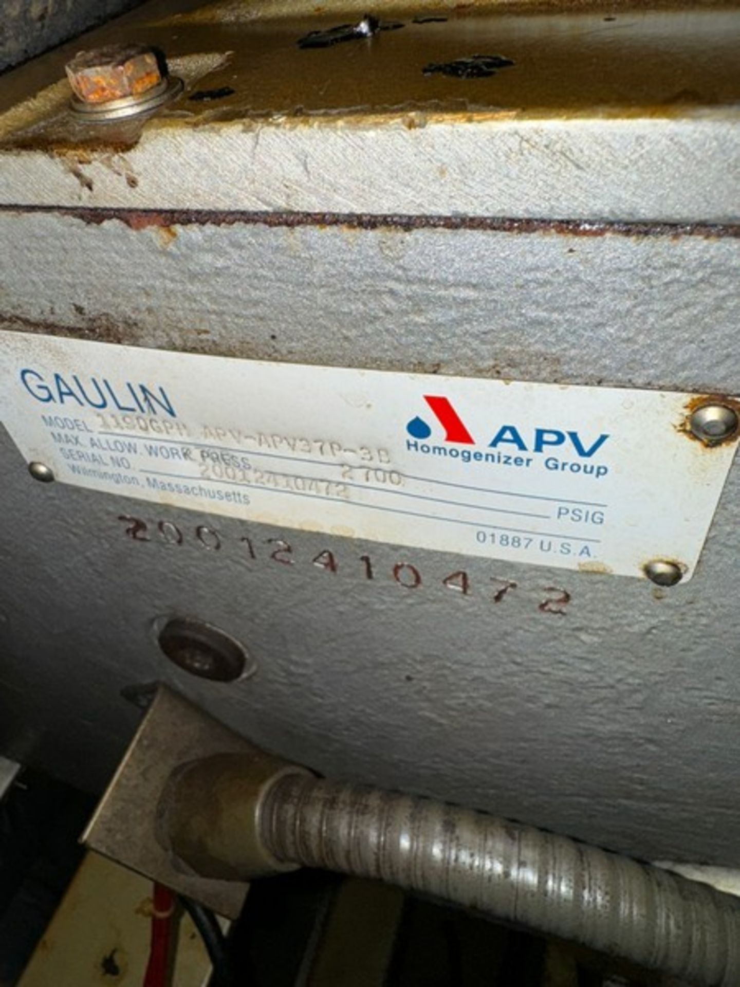 APV/Gaulin 1190 GPH Homogenizer, M/N APV-APV37P-3B, S/N 20012410472, Max. Allow Work Pressure 2700 - Image 5 of 8