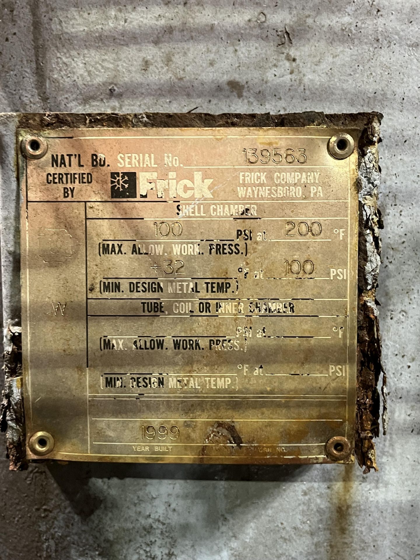 (4) FRICK VERTICAL WELL PRESSURE TANK SERIAL NO. 139563