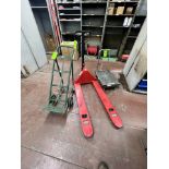LOT OF ASSORTED MATERIAL HANDLING EQUIPMENT, INCLUDES DAYTON HYDRAULIC PALLET JACK, LITTLE GIANT