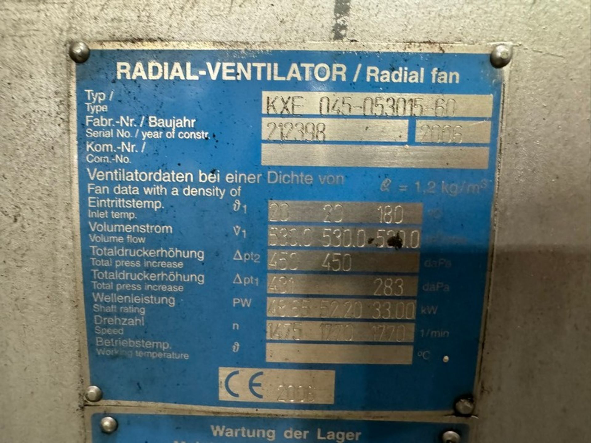 2006 Wartung der Öllager 55 kw Radial Hot Fan, Type: KXE 045-053015-60, S/N 212398, Includes - Image 5 of 9