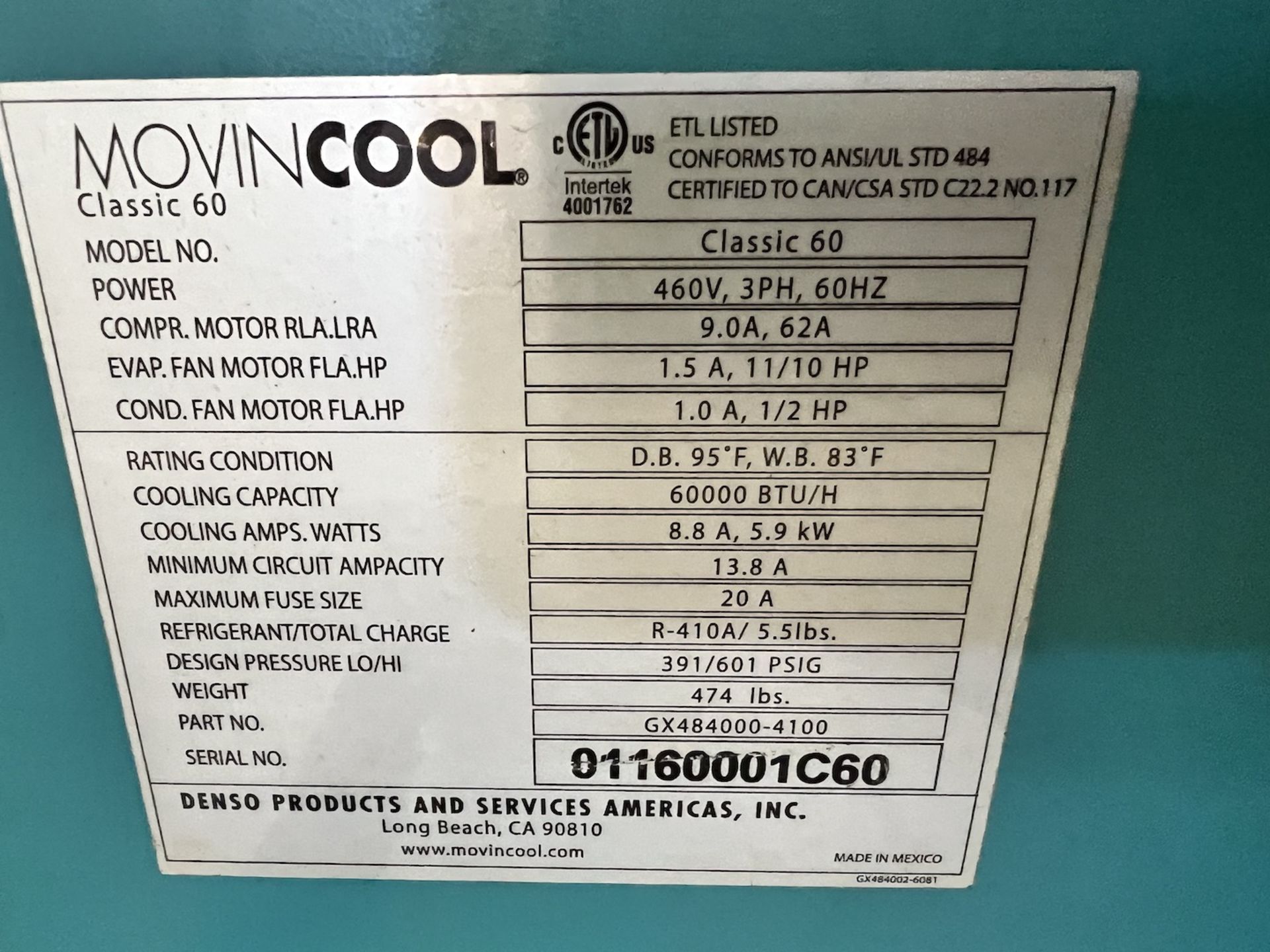 MOVINCOOL COMMERCIAL PORTABLE AIR CONDITIONER, MODEL CLASSIC 60, 60000 BTU/H - Image 4 of 7