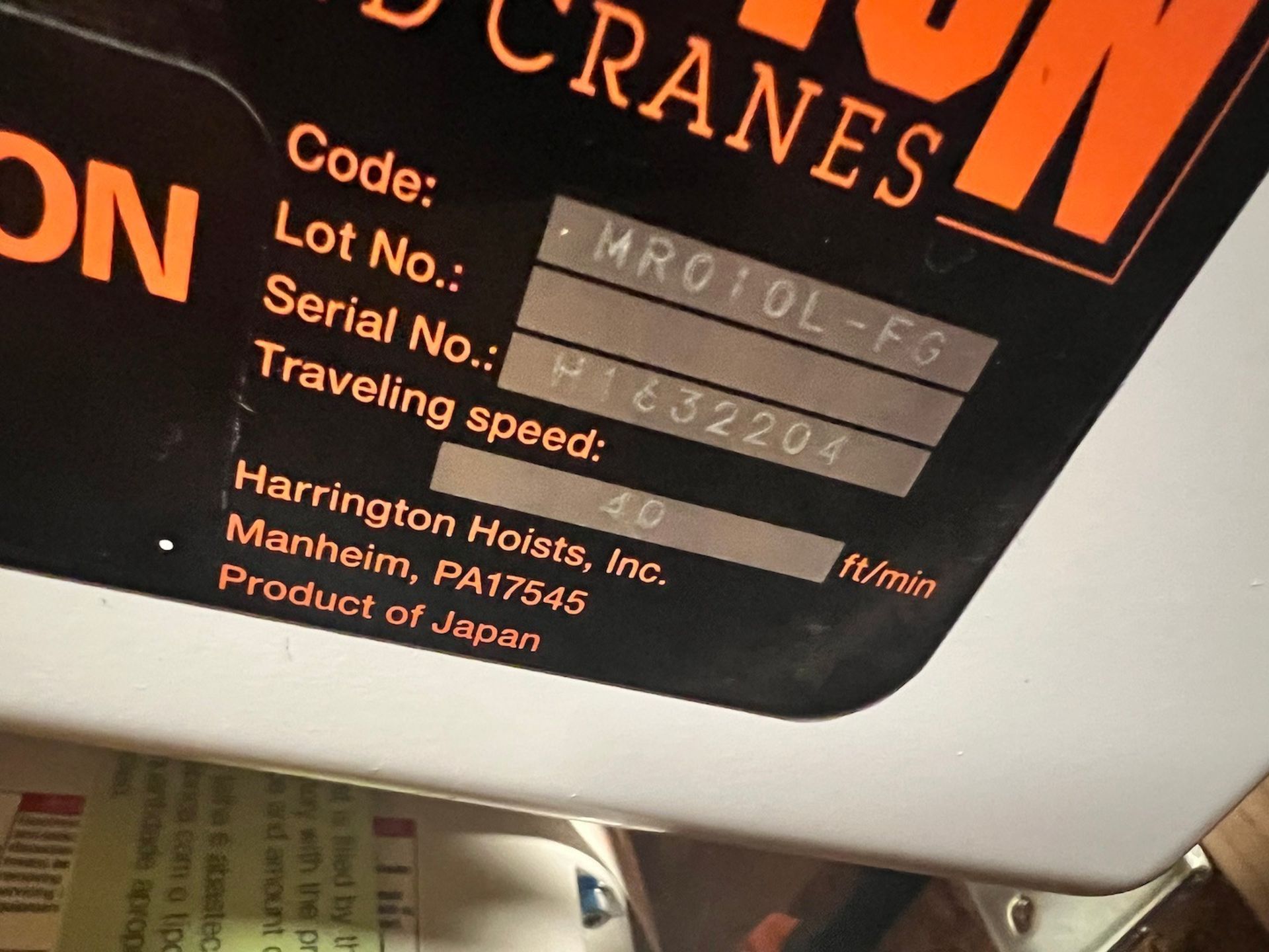 NEW Harrington 1/2 Ton Electric Chain Hoist # H1632204, CODE MR01OL-FG, 20' Lift, 460 Volt, 40 Ft/ - Image 5 of 5