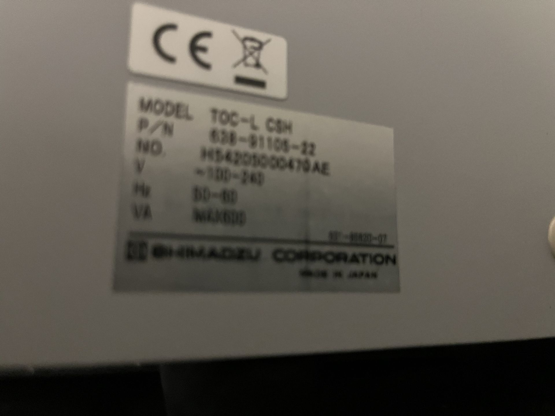 SIZADZU TOC-L TOTAL ORGANIC CARBON ANALYZER MODEL TOC-L CSH P/N 638-91105-22 VOLTS 100-240 HZ 50-60 - Image 4 of 4