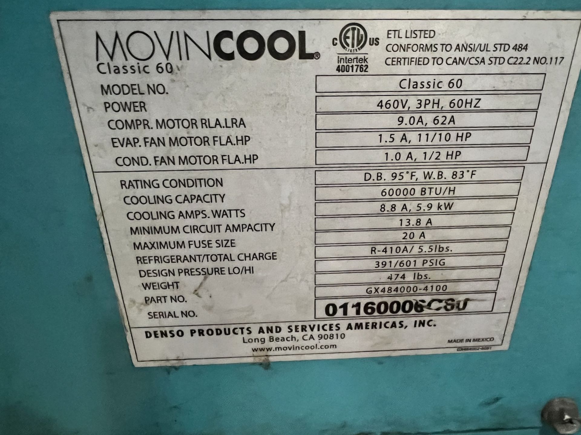 MOVINCOOL COMMERCIAL PORTABLE AIR CONDITIONER, MODEL CLASSIC 60, 60000 BTU/H - Image 4 of 6