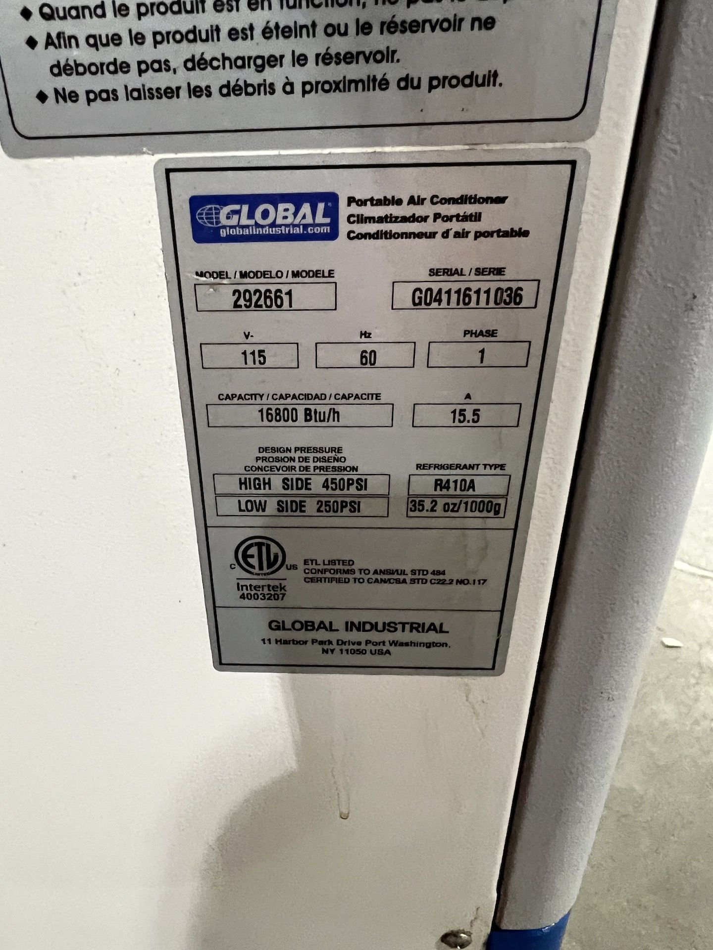 GLOBAL PORTABLE AIR CONDITIONER, MODEL 292661, S/N GO411611036, 16800 BTU/H CAP - Image 6 of 6