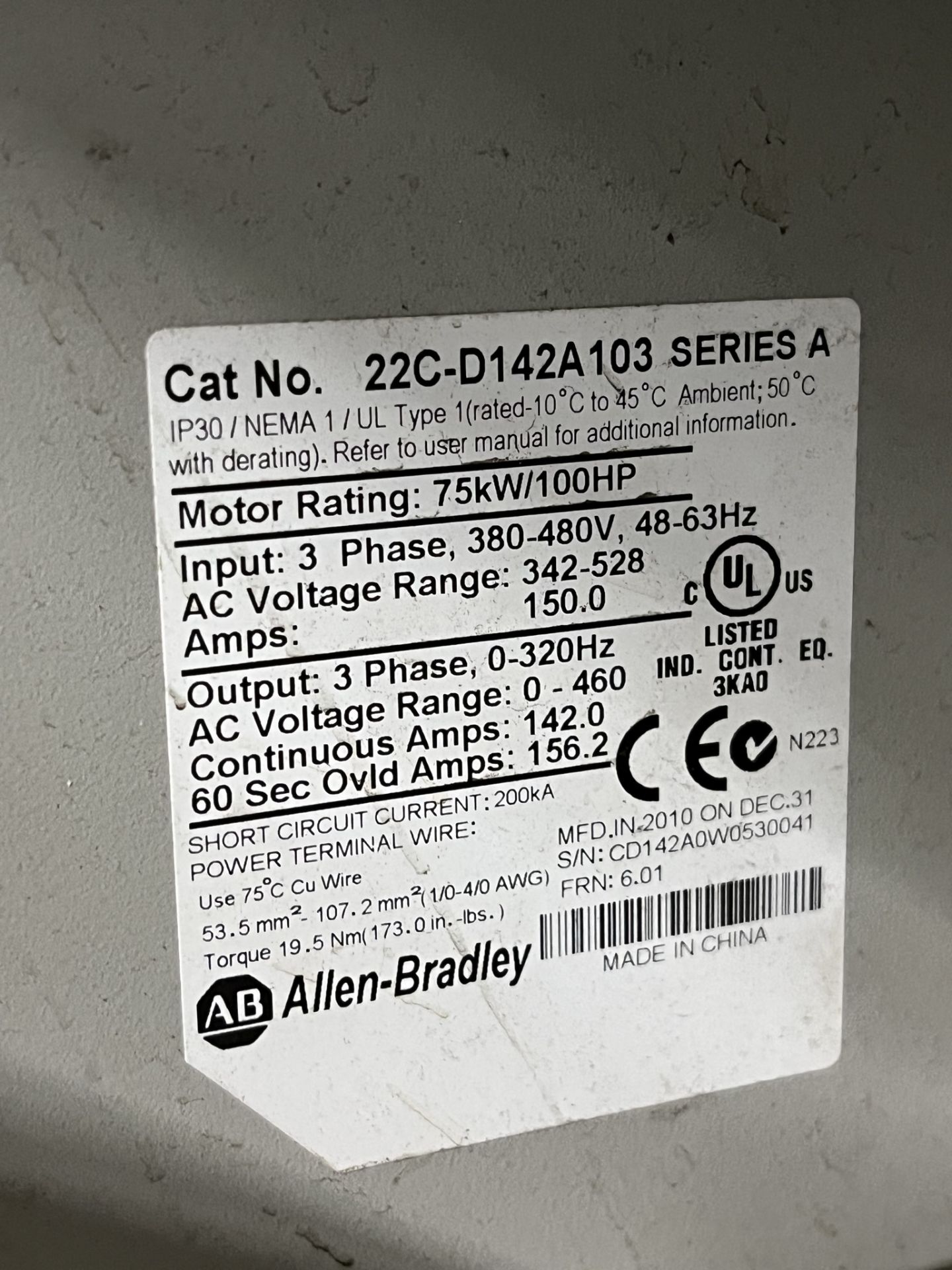 ALLEN BRADLEY POWER FLEX 400 CAT NO. 22C-D142A103 SERIES A MOTOR RATING:75KW/100HP INPUT:3 PHASE - Image 4 of 4
