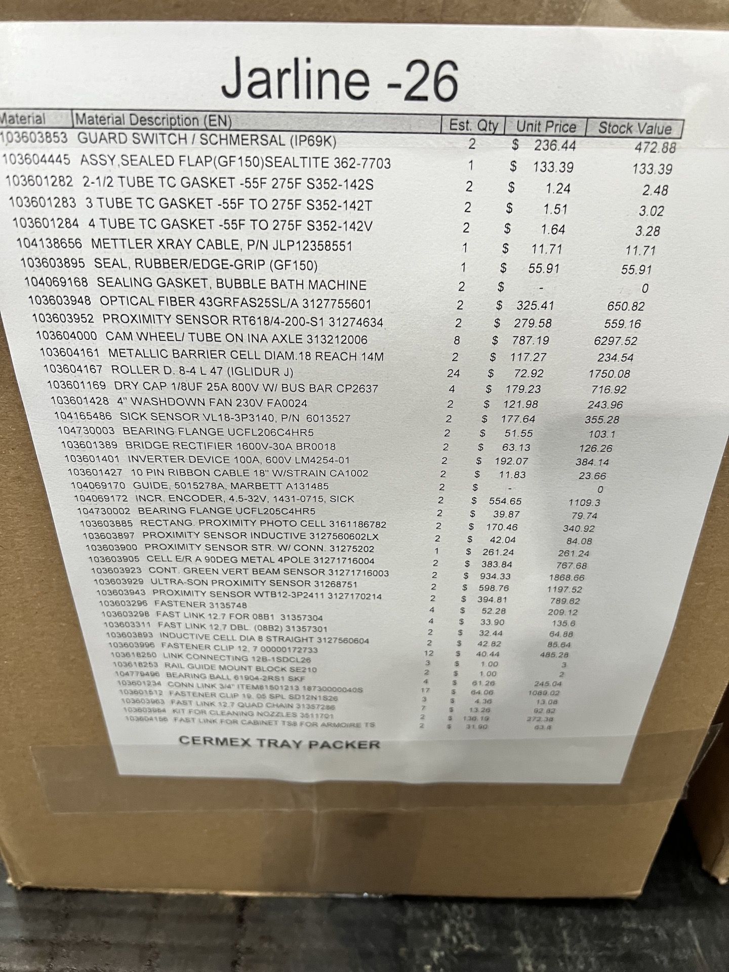 LOT OF ASSORTED SPARE PARTS AND MRO FOR CERMEX TRAY PACKER, HEUFT EMPTY BOTTLE INSPECTOR AND METTLER - Image 6 of 14