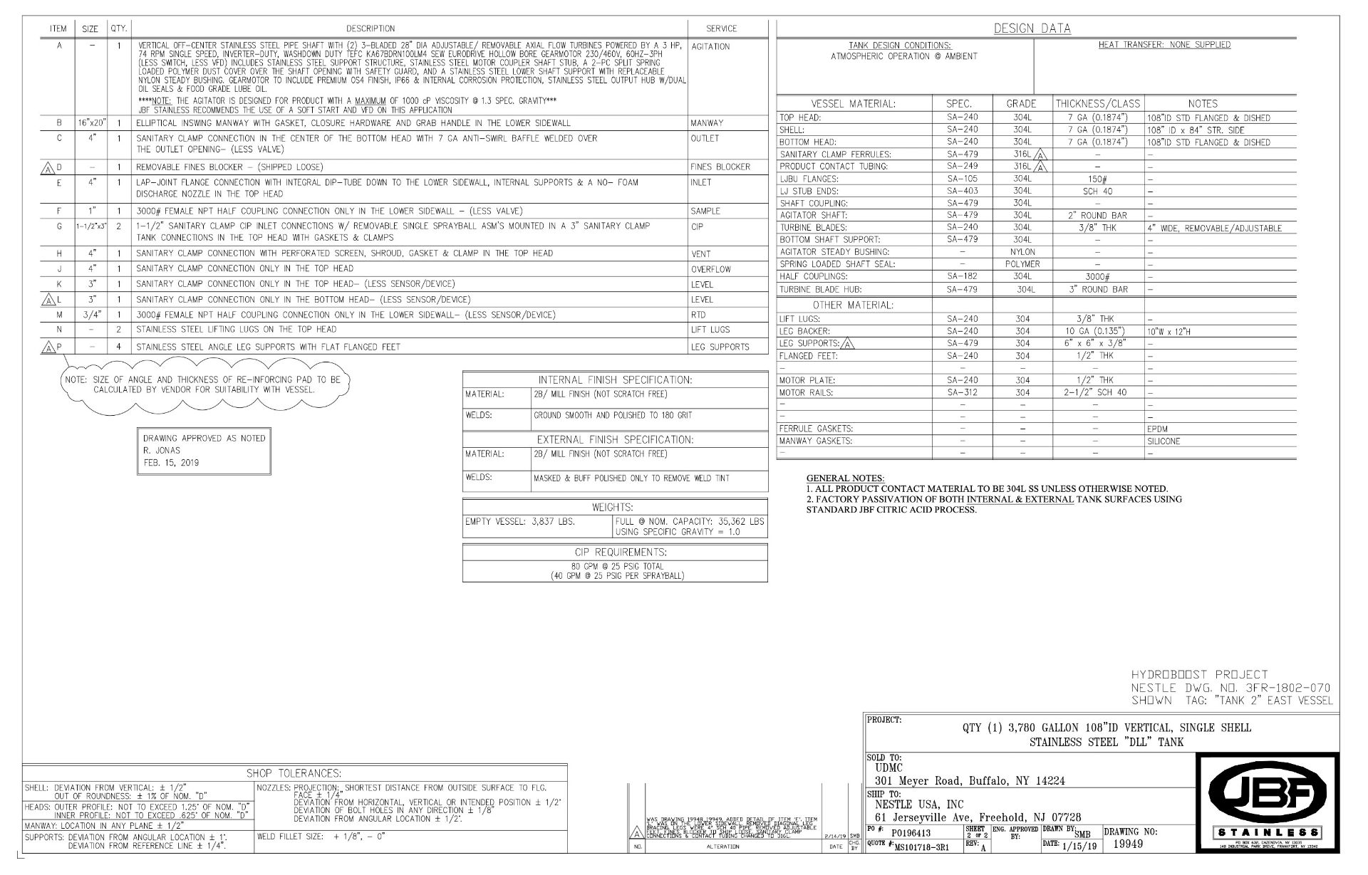 2020 JBF 3,780 GALLON S/S MIXING TANK, S/N 19949, TOP-MOUNT PROP STYLE AGITATION, APPROX. 108 IN. - Image 5 of 7