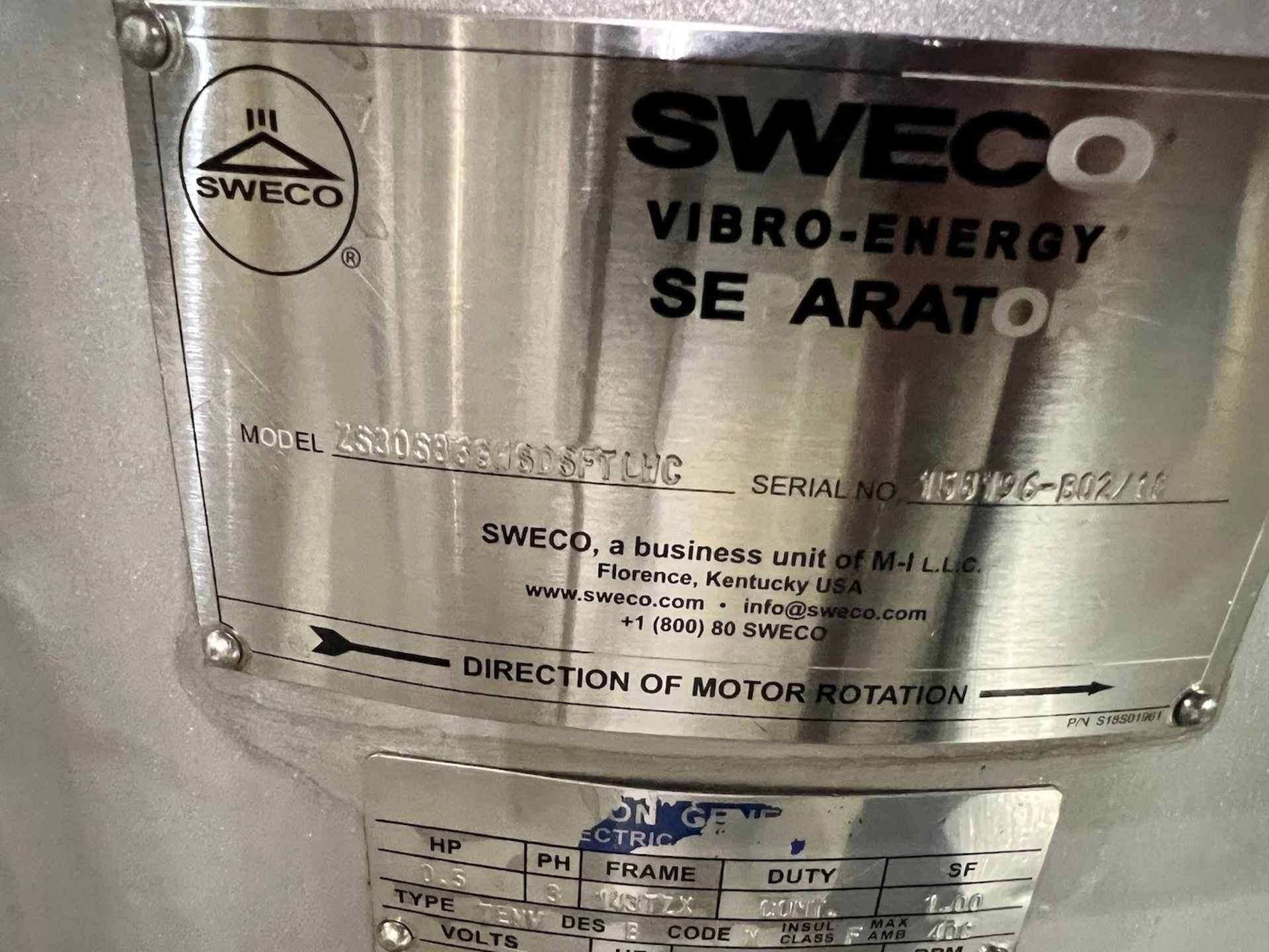 SWECO VIBRO-ENERGY APPROX 32 IN. W SEPARATOR, MODEL ZS30586GHSDSFTLHC, S/N 158196-B02/18, 1/2 HP ( - Image 5 of 5