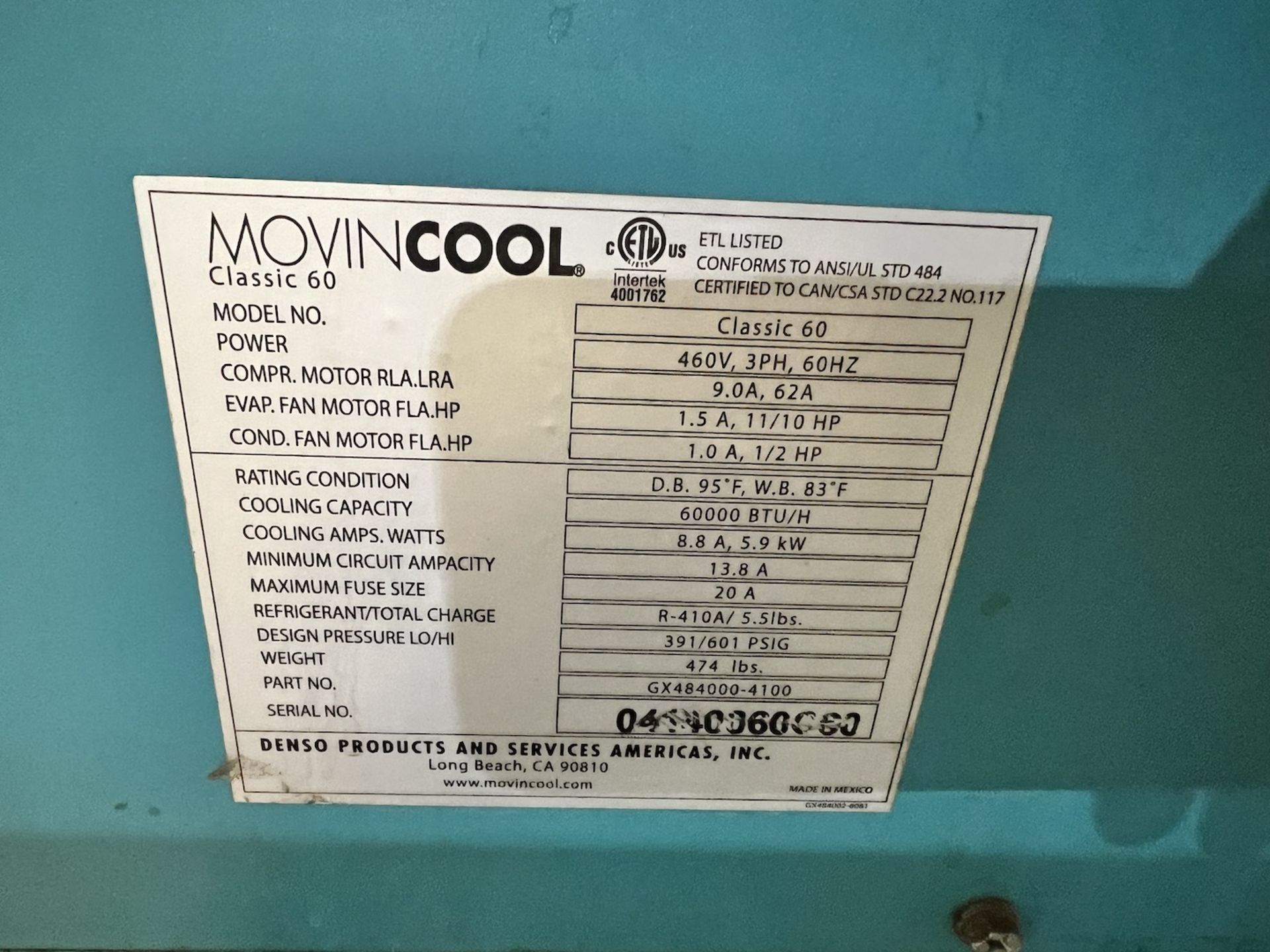 MOVINCOOL COMMERCIAL PORTABLE AIR CONDITIONER, MODEL CLASSIC 60, 60000 BTU/H - Image 7 of 8