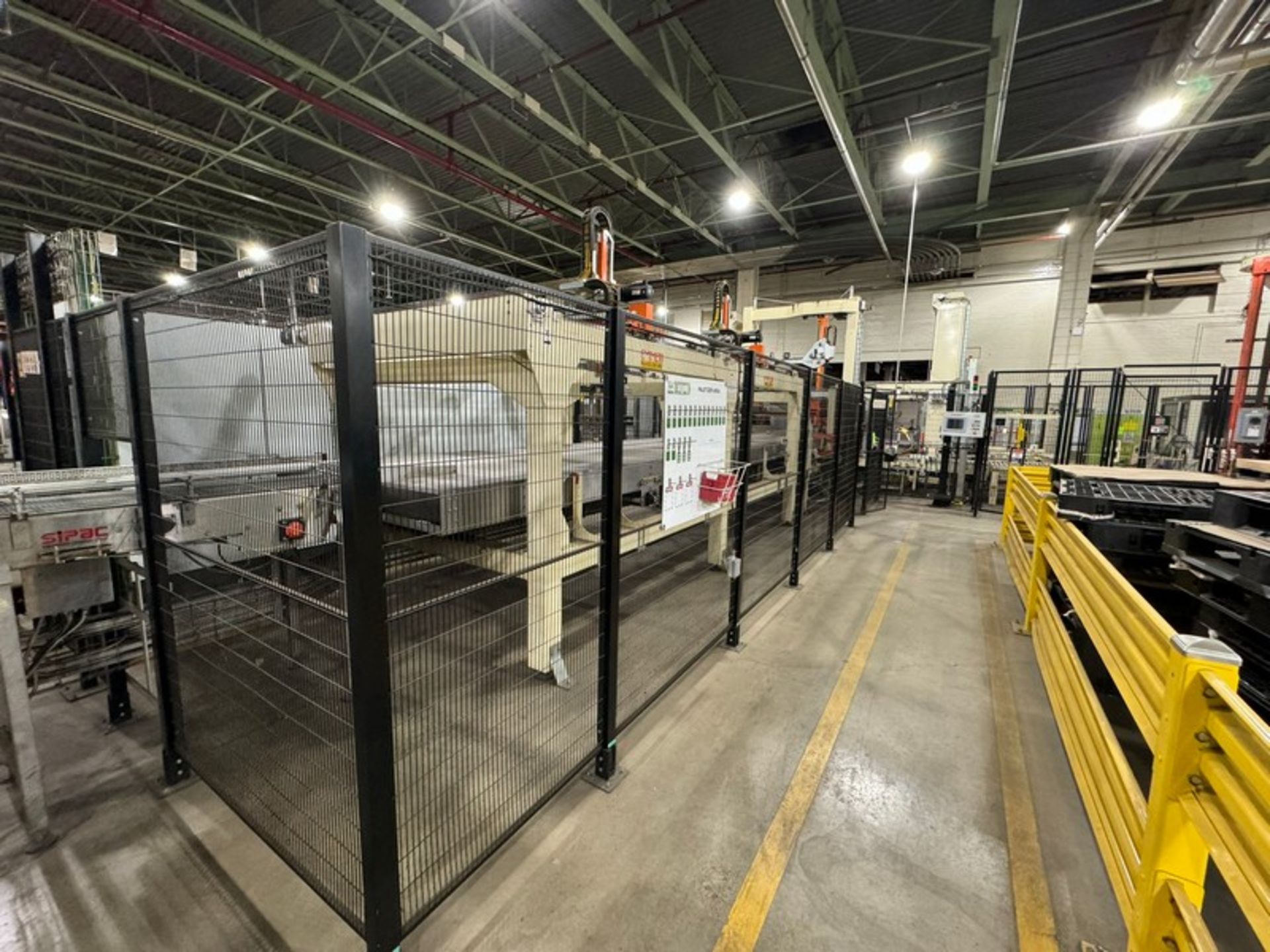 Infeed Conveyor to Palletizer, with Sorting Arms & Protective Cage (LOCATED IN FREEHOLD, N.J.)