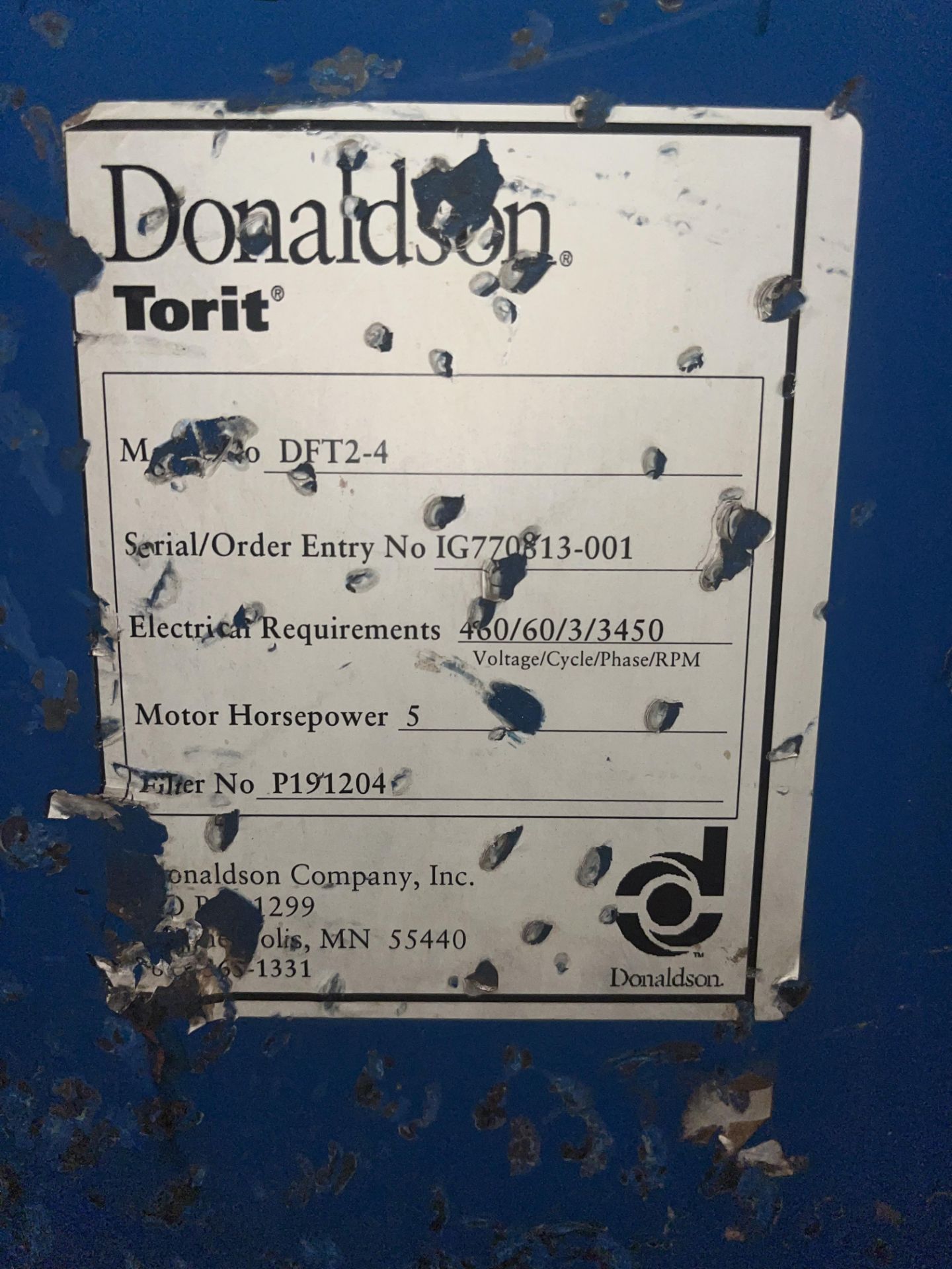 DONALDSON TORIT MODEL NO. DFT2-4 SERIAL/ORDER ENTRY NO:IG770813-001 ELECTRICAL REQUIREMENTS 480/60/ - Image 6 of 14