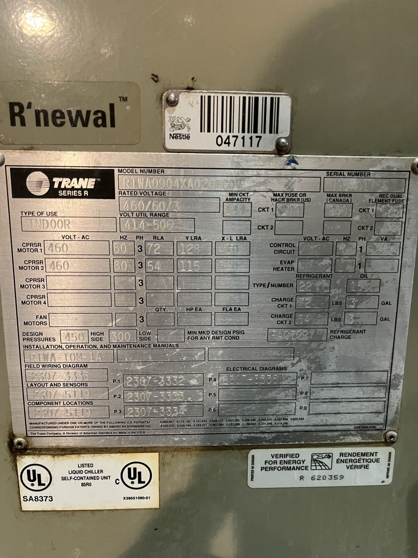 TRAINE SERIES R LIQUID ROTARY WATER CHILLER MODEL NO:RTWA0904XA02C1C0V RATED VOLTAGE 460/60/3 SERIAL - Image 3 of 10