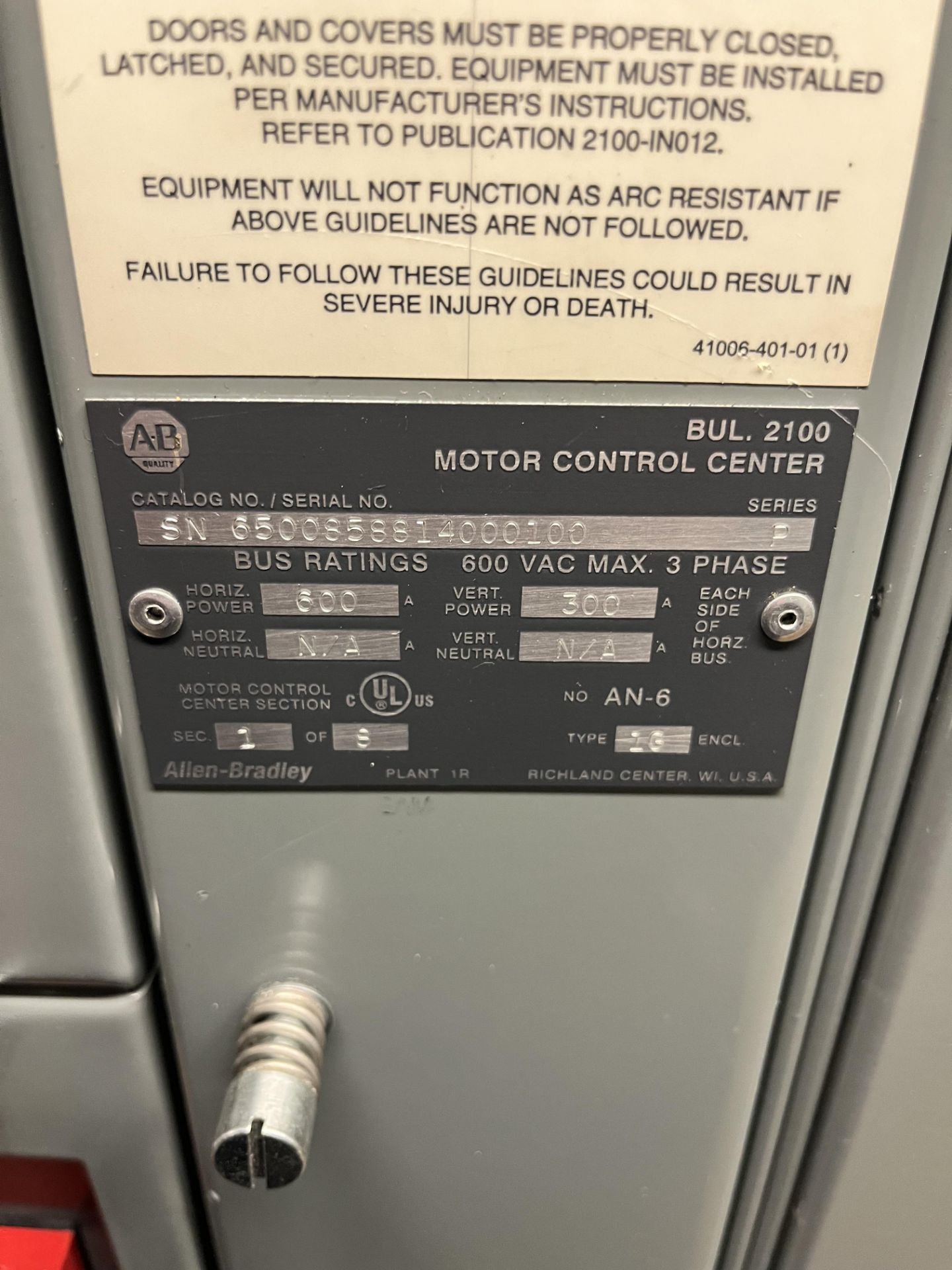 ALLEN-BRADLEY MOTOR CONTROL CENTERLINE 2100 36 BUCKETS CATALOG/SERIAL NO. SN 6500858814000100 - Image 2 of 7