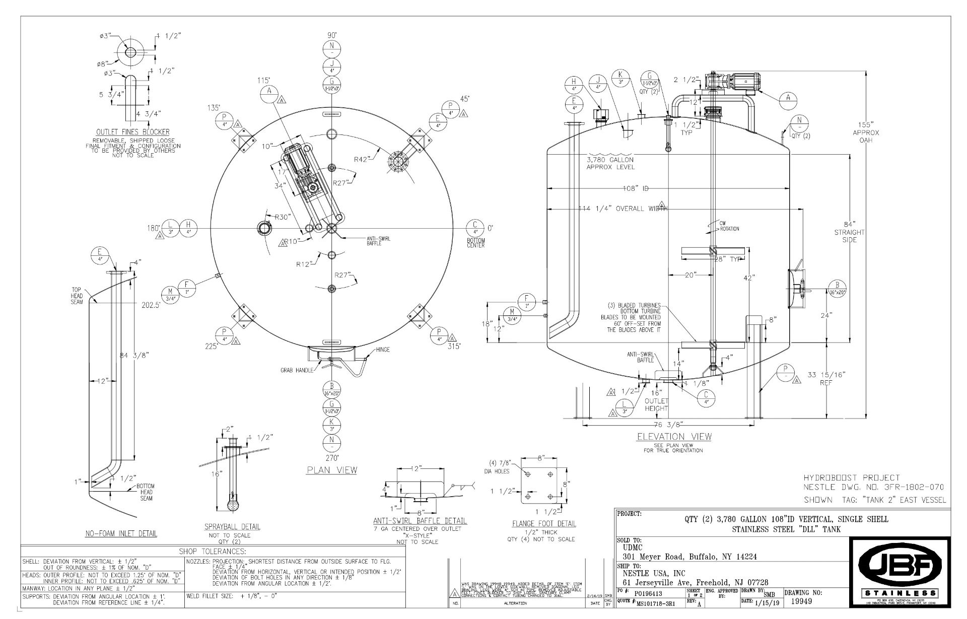 2019 JBF 3,780 GALLON S/S MIXING TANK, S/N 19948, TOP-MOUNT PROP STYLE AGITATION, APPROX. 108 IN. - Image 3 of 7