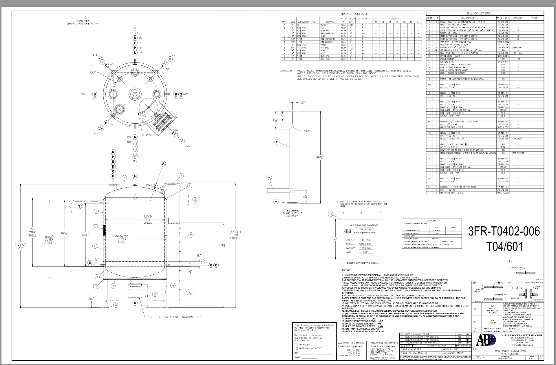 A&B PROCESS SYSTEMS MODEL NO:161018 SERIAL NO:1610180301 CAPACITY 1000 GALLONS DATE:2015 - Image 2 of 5