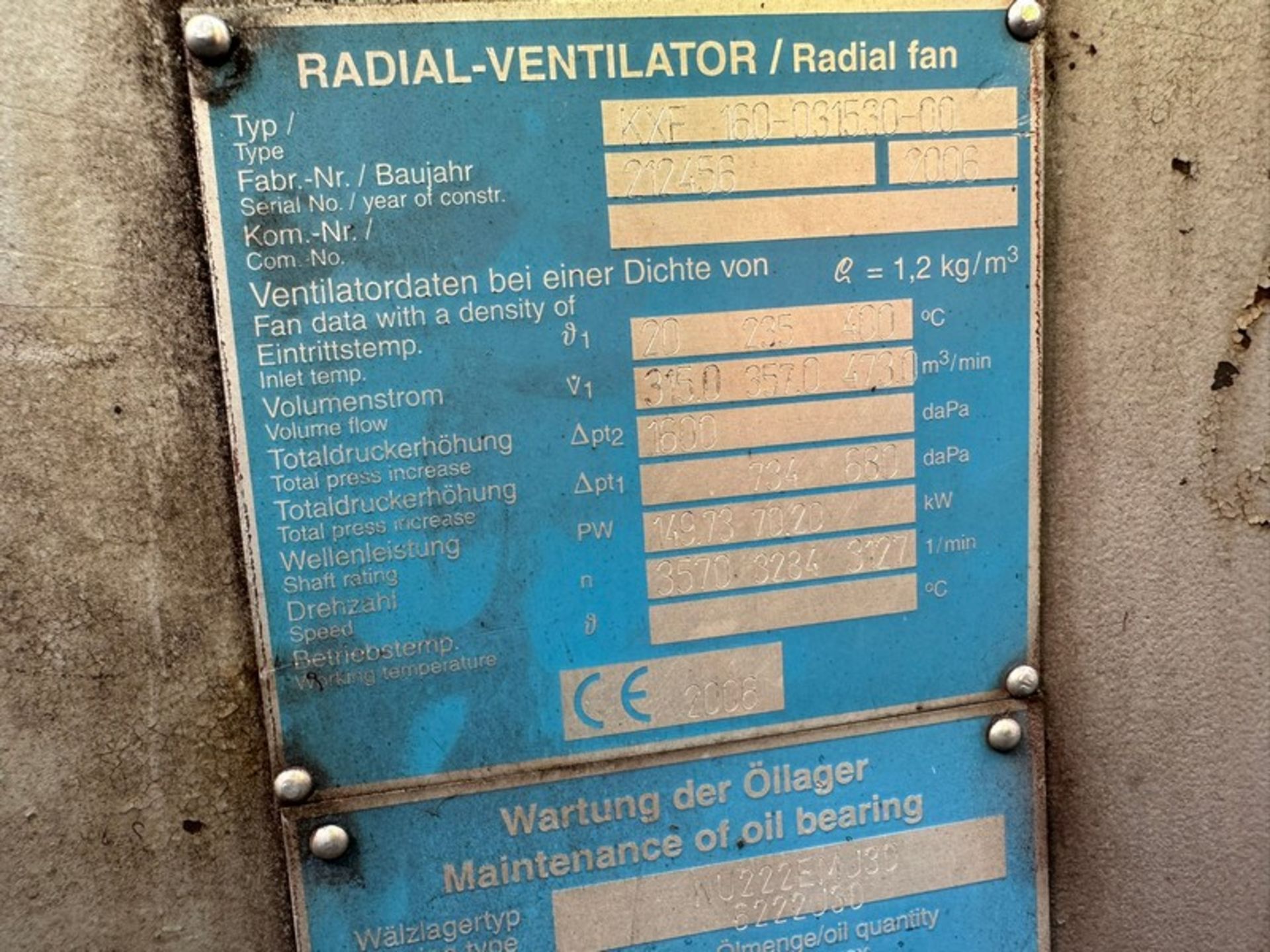 2006 Wartung der Öllager 90 kw Radial Hot Fan, Type: KXE 160-031530-00, S/N 212456, Includes - Image 7 of 11