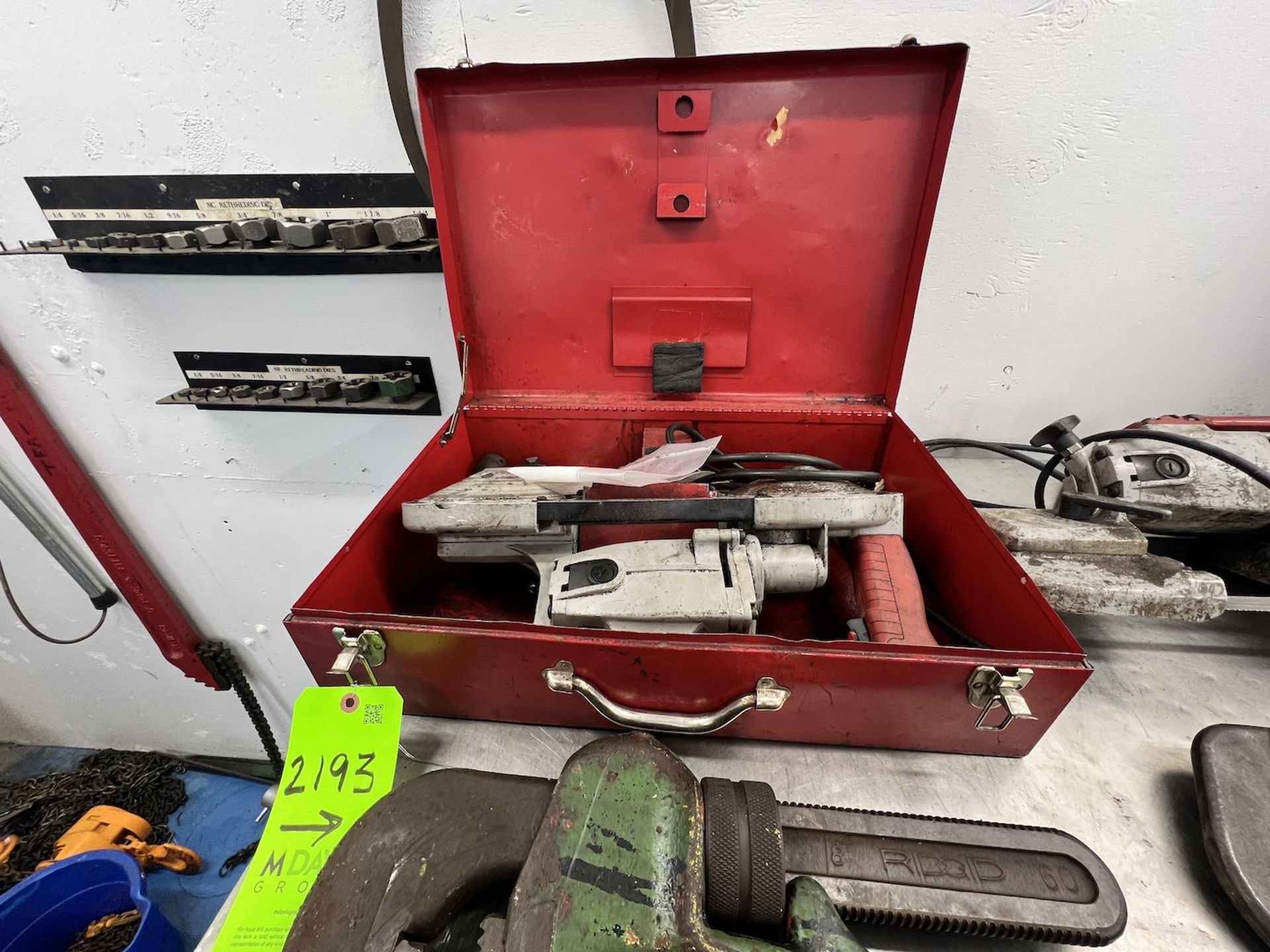 LOT OF ASSORTED TOOSL ON SHELF, INCLUDES WRENCHES, DEWALT CIRCULAR SAW, BAND SAWS AND MORE - Image 2 of 8