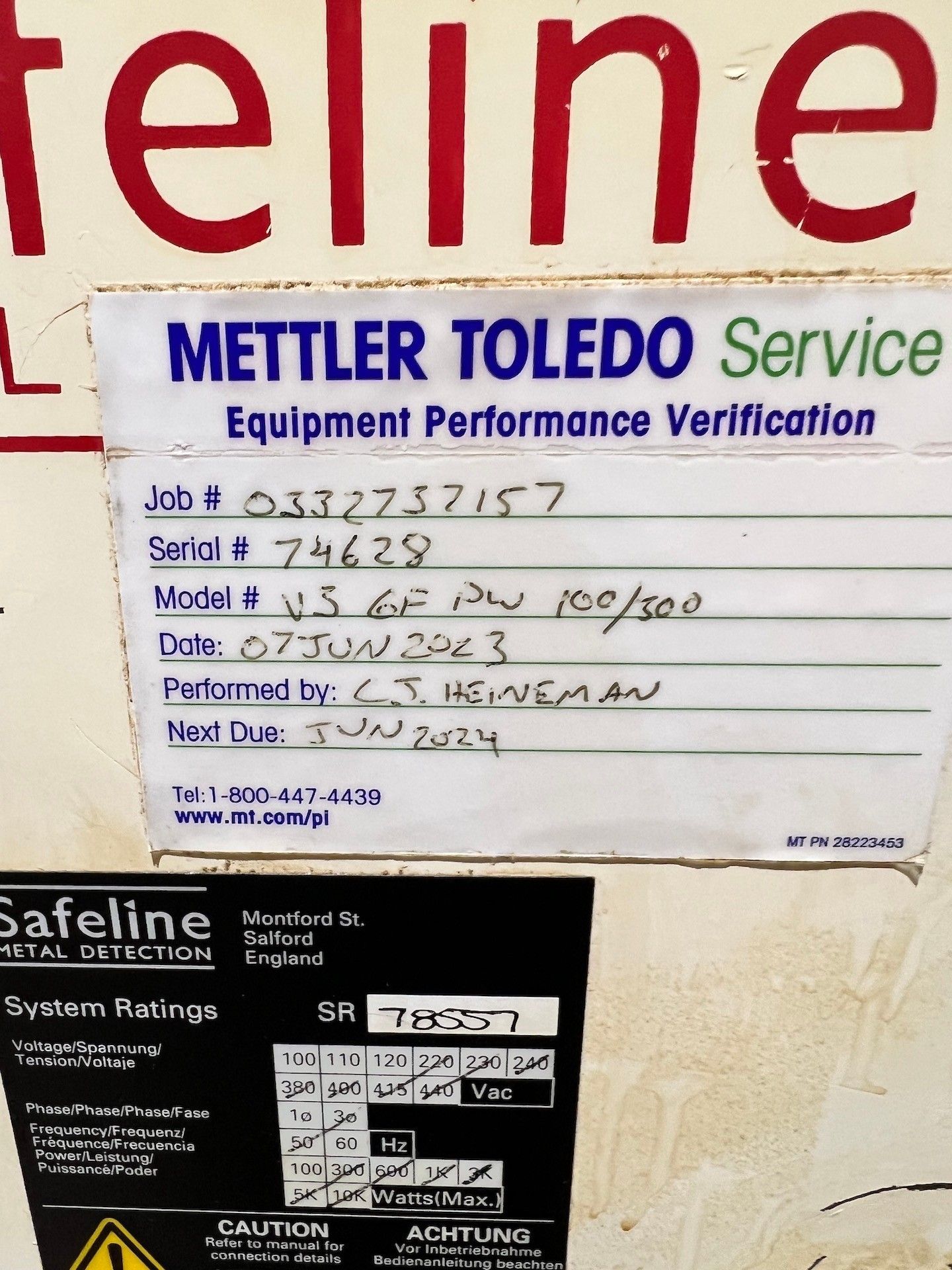 SAFELINE FLOW THROUGH / DROP THROUGH METAL DETECTOR, MODEL V3 GF PW 100/300, S/N 74628, WITH GATE - Image 3 of 5