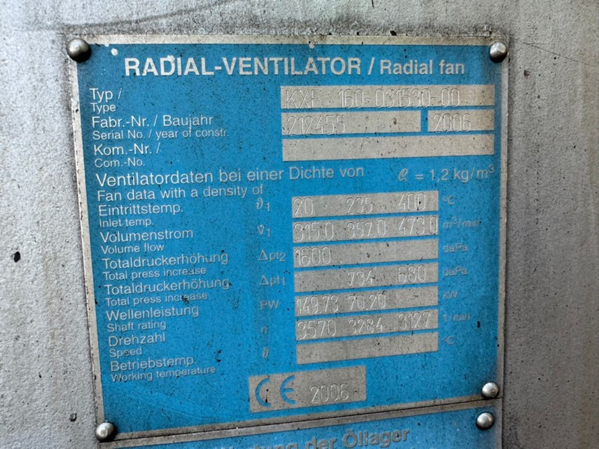 2006 Wartung der Öllager 90 kw Radial Hot Fan, Type: KXE 160-040030-00, S/N 212455, Includes - Image 4 of 8
