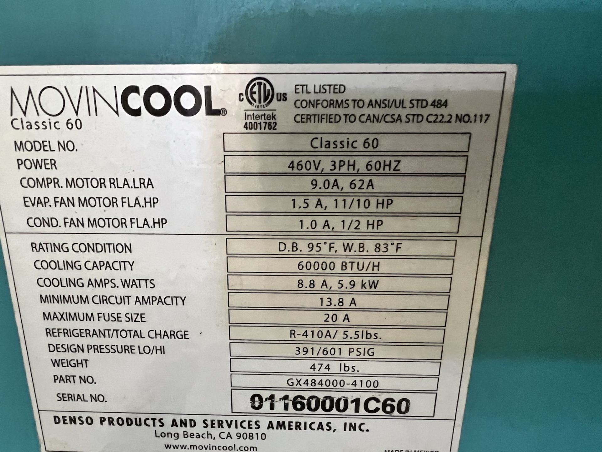 MOVINCOOL COMMERCIAL PORTABLE AIR CONDITIONER, MODEL CLASSIC 60, 60000 BTU/H - Image 7 of 7