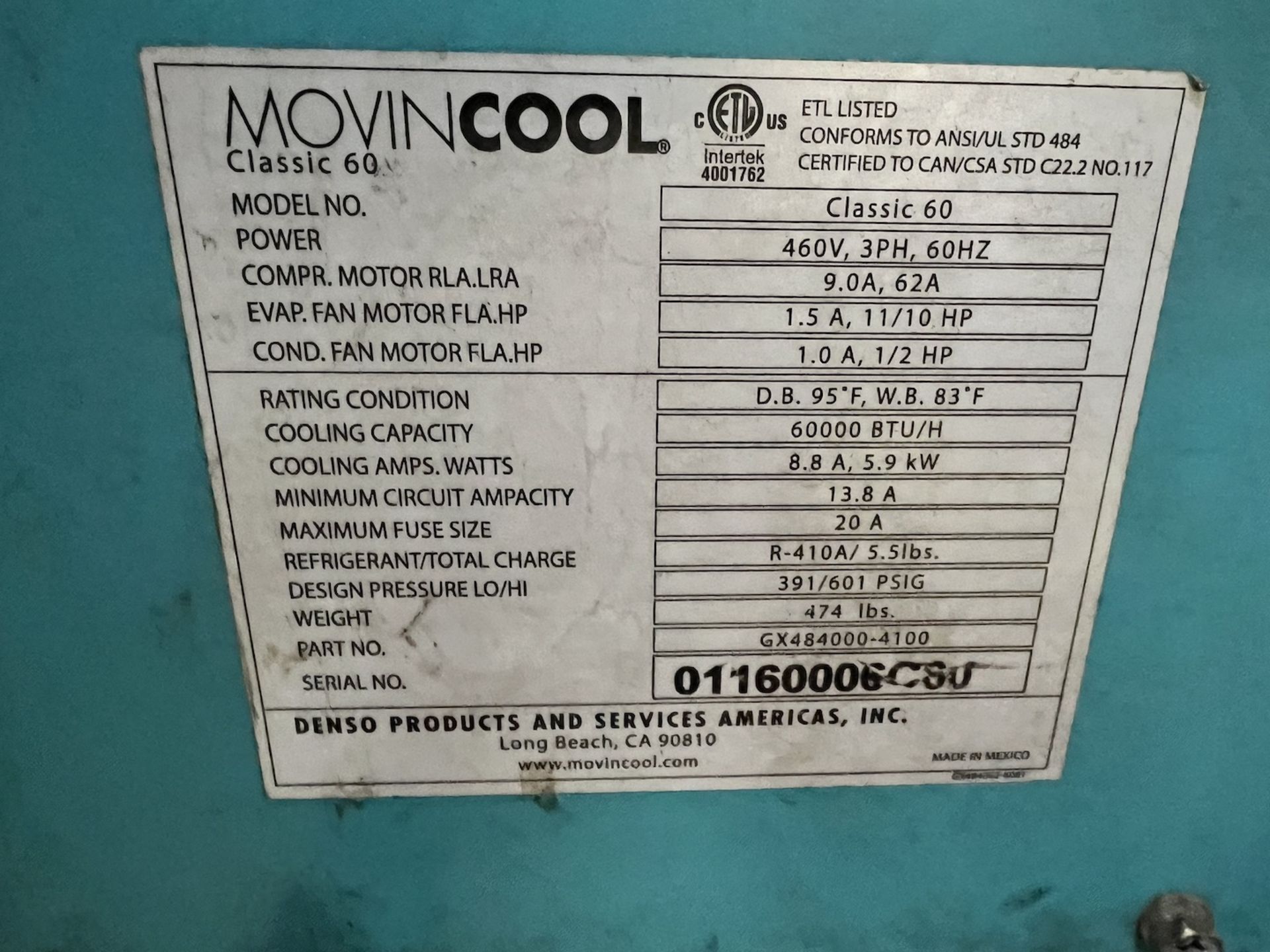 MOVINCOOL COMMERCIAL PORTABLE AIR CONDITIONER, MODEL CLASSIC 60, 60000 BTU/H - Image 5 of 6