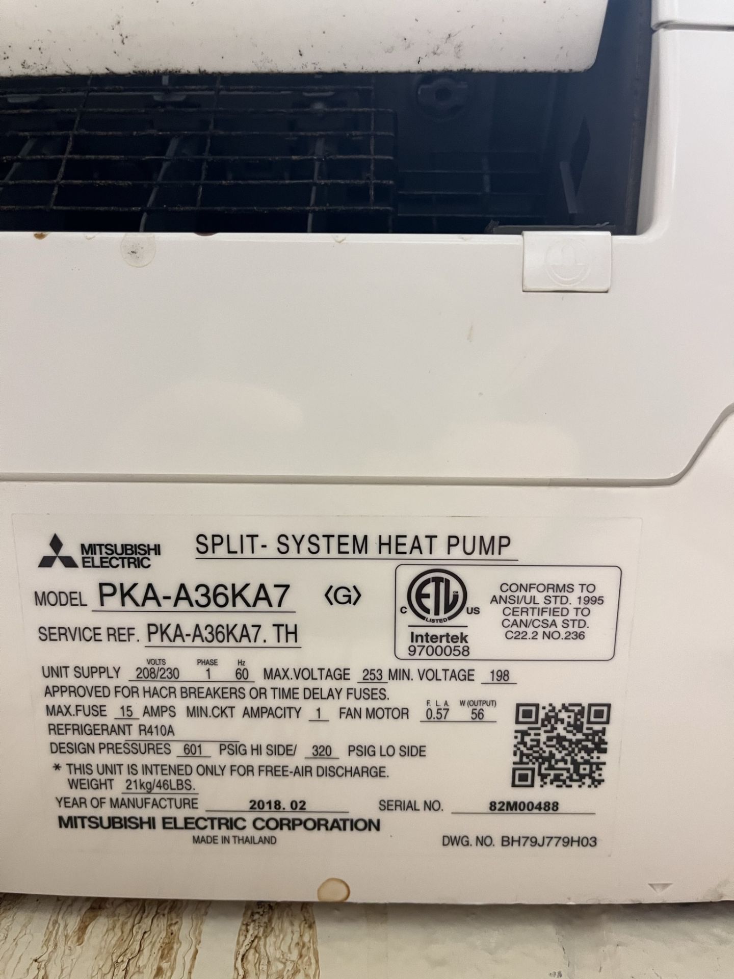 MITSUBISHI SPLIT-SYSTEM HEAT PUMP MODEL:PKA-A36KA7 - Image 3 of 5