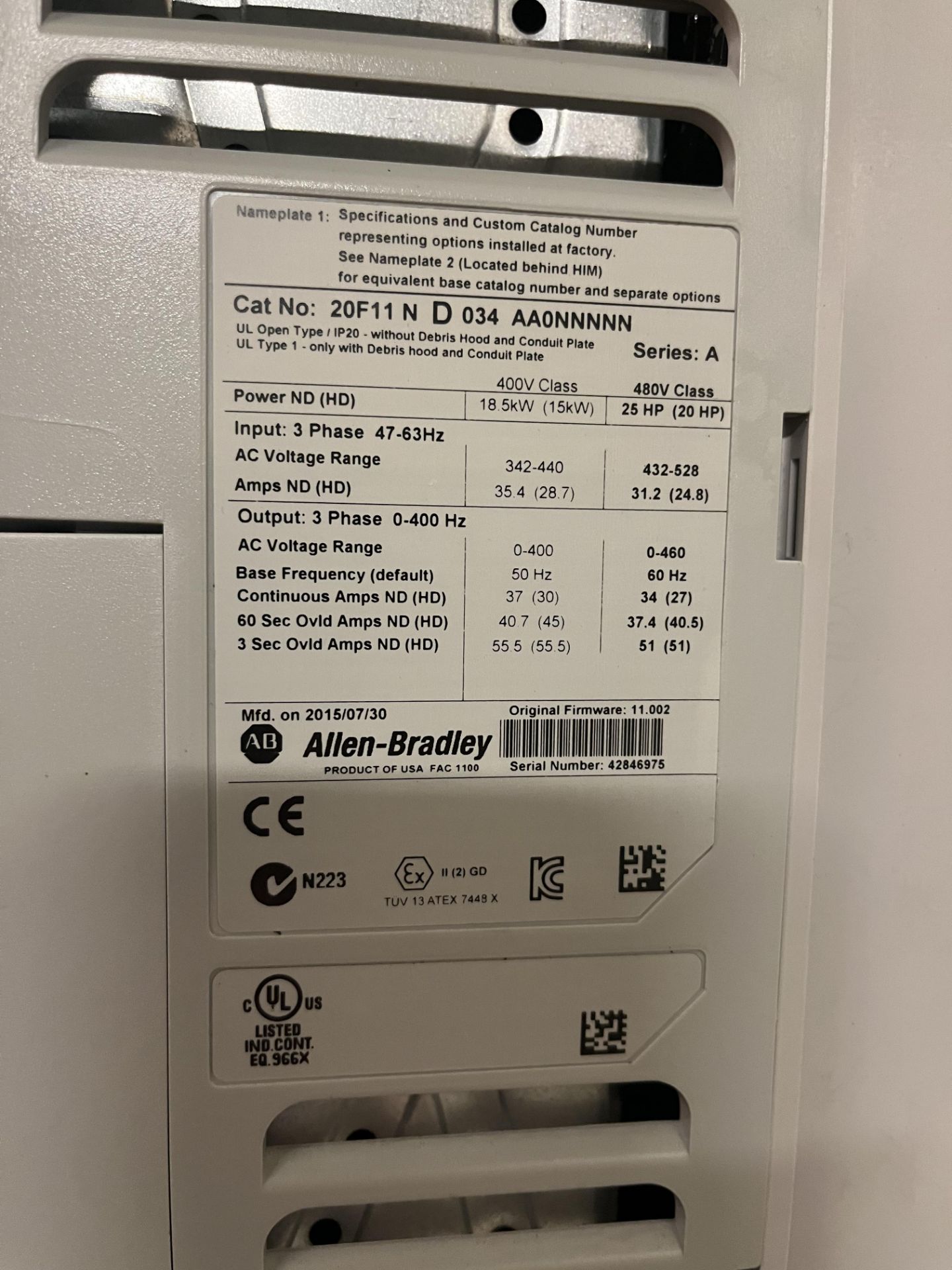 ALLEN-BRADLEY POWERFLEX 753 CAT NO: 20F11ND034 AA0NNNNN SERIES:A - Image 2 of 5