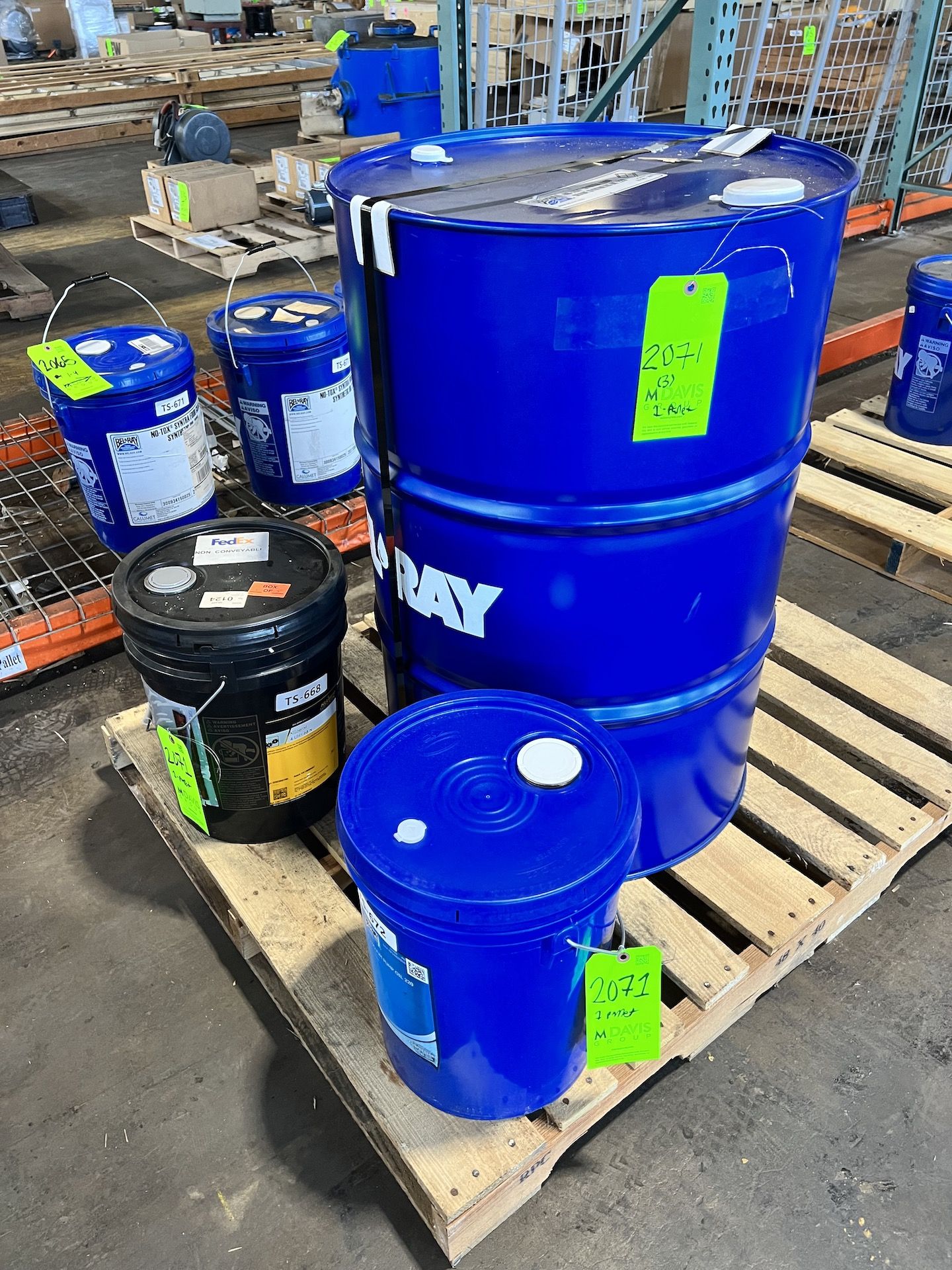 55-GALLON DRUM OF BELRAY NO-TOX SYNTRA FOOD GRADE SYNTHETIC OIL 220, (2) 5-GALLON BUCKETS OF OIL