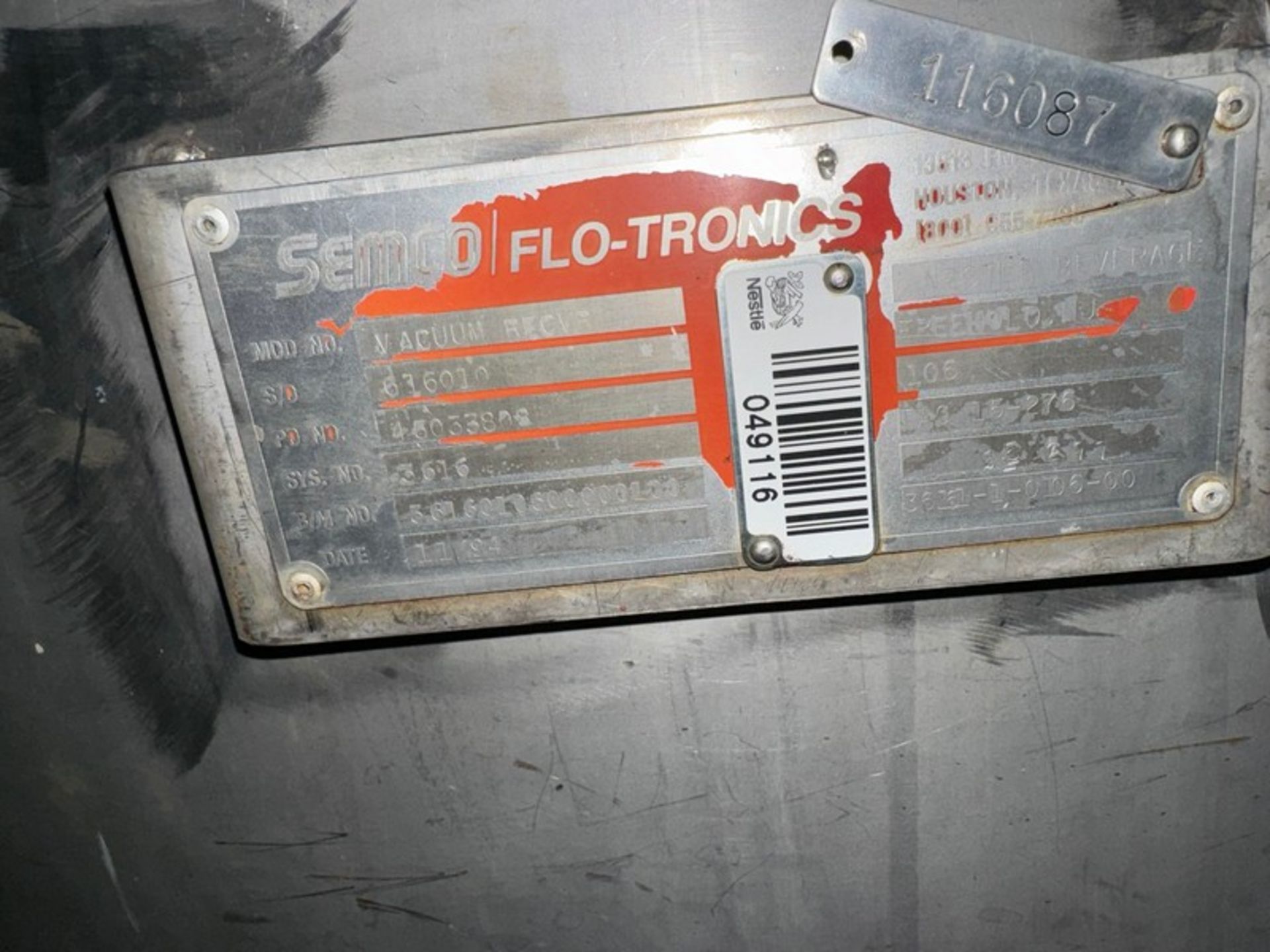 Semco Flo-Tronics S/S Vacuum Receiver, S/N 616010, System No. 3616 (N: 049116) (LOCATED IN FREEHOLD, - Image 6 of 6
