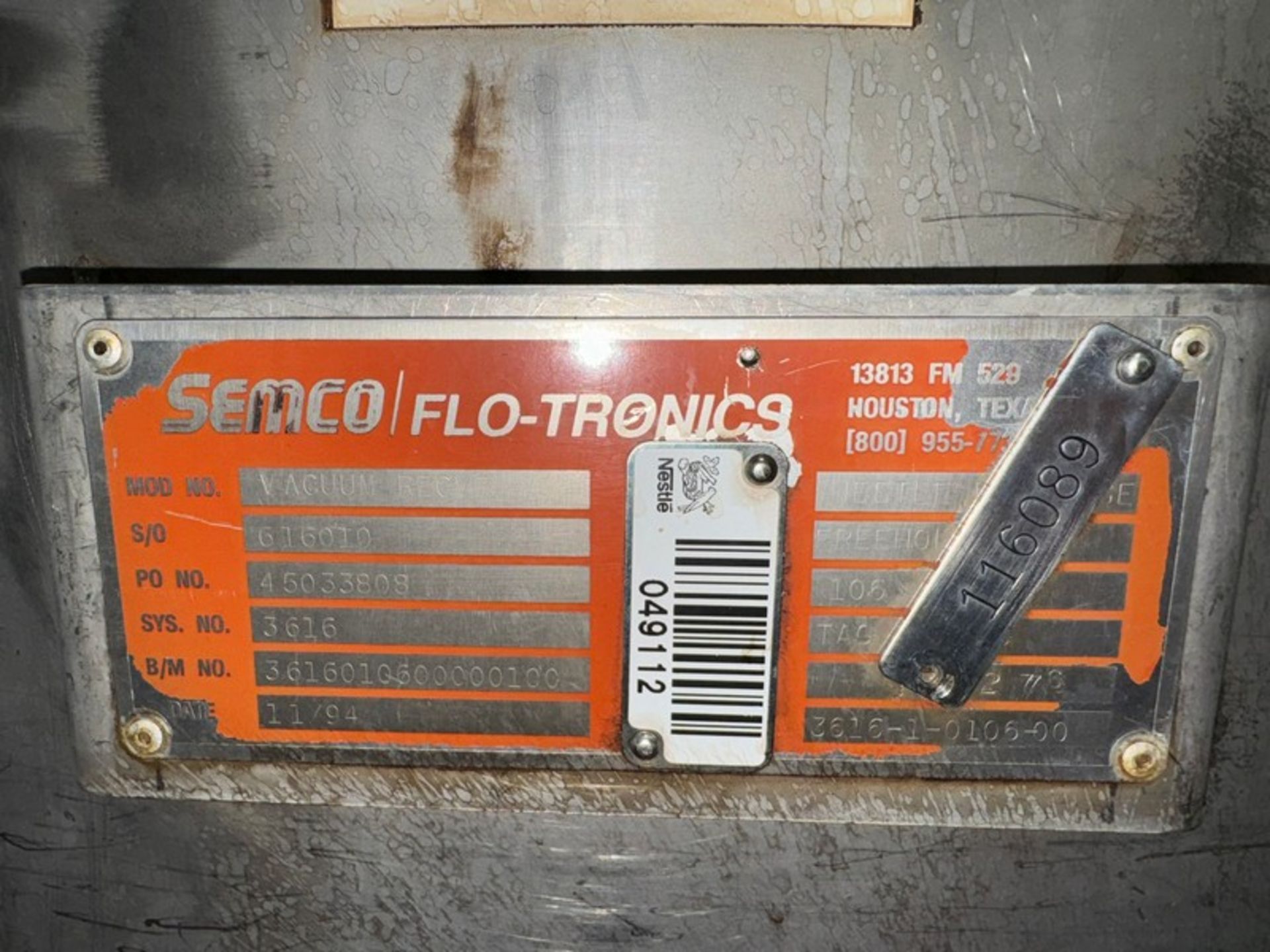 Semco Flo-Tronics S/S Vacuum Receiver, S/N 616010, System No. 3616 (N: 049112) (LOCATED IN FREEHOLD, - Image 3 of 4