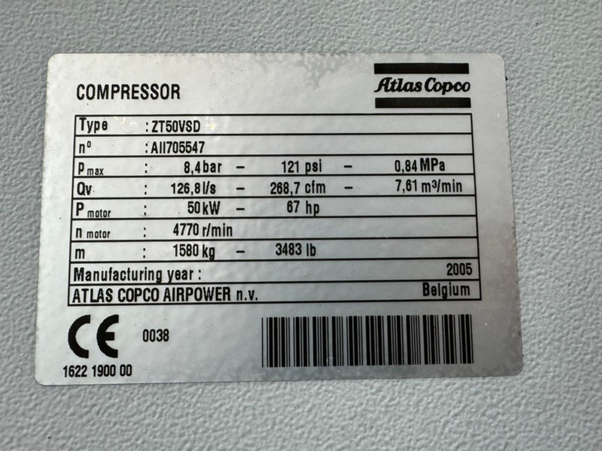 Atlas Copco Air Compressor, M/N ZT 50 VSD FF, S/N AII705547, with Motor & Compressor Head (INV# - Image 12 of 12