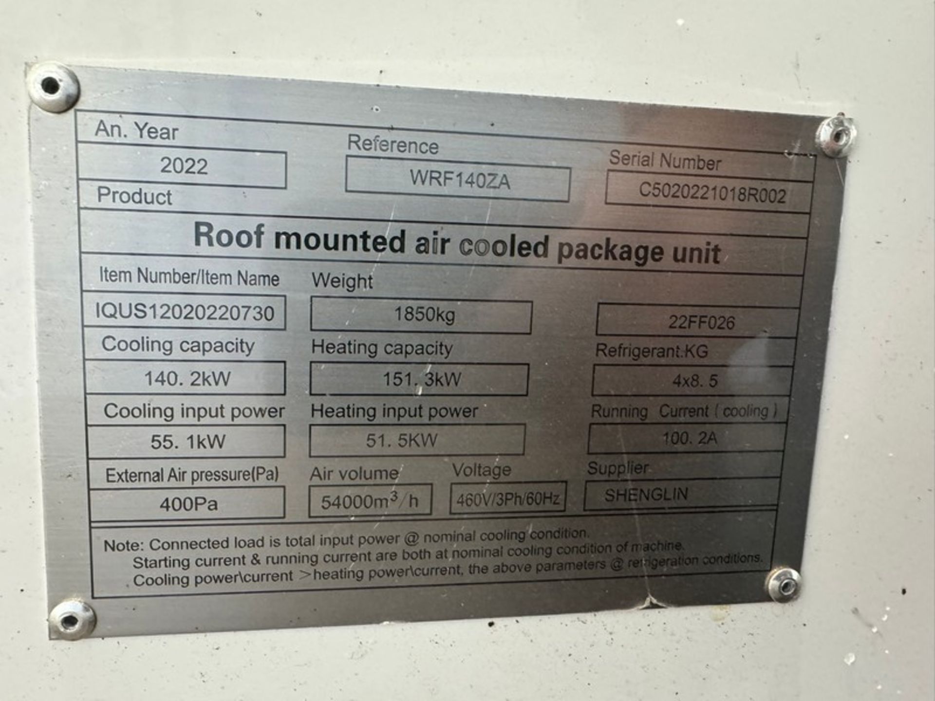 NEW 2022 SHENHLIN Roof Mounted Air Cooled Package Unit, S/N C5020221018R002, Cooling Capacity: 140.2 - Image 13 of 17