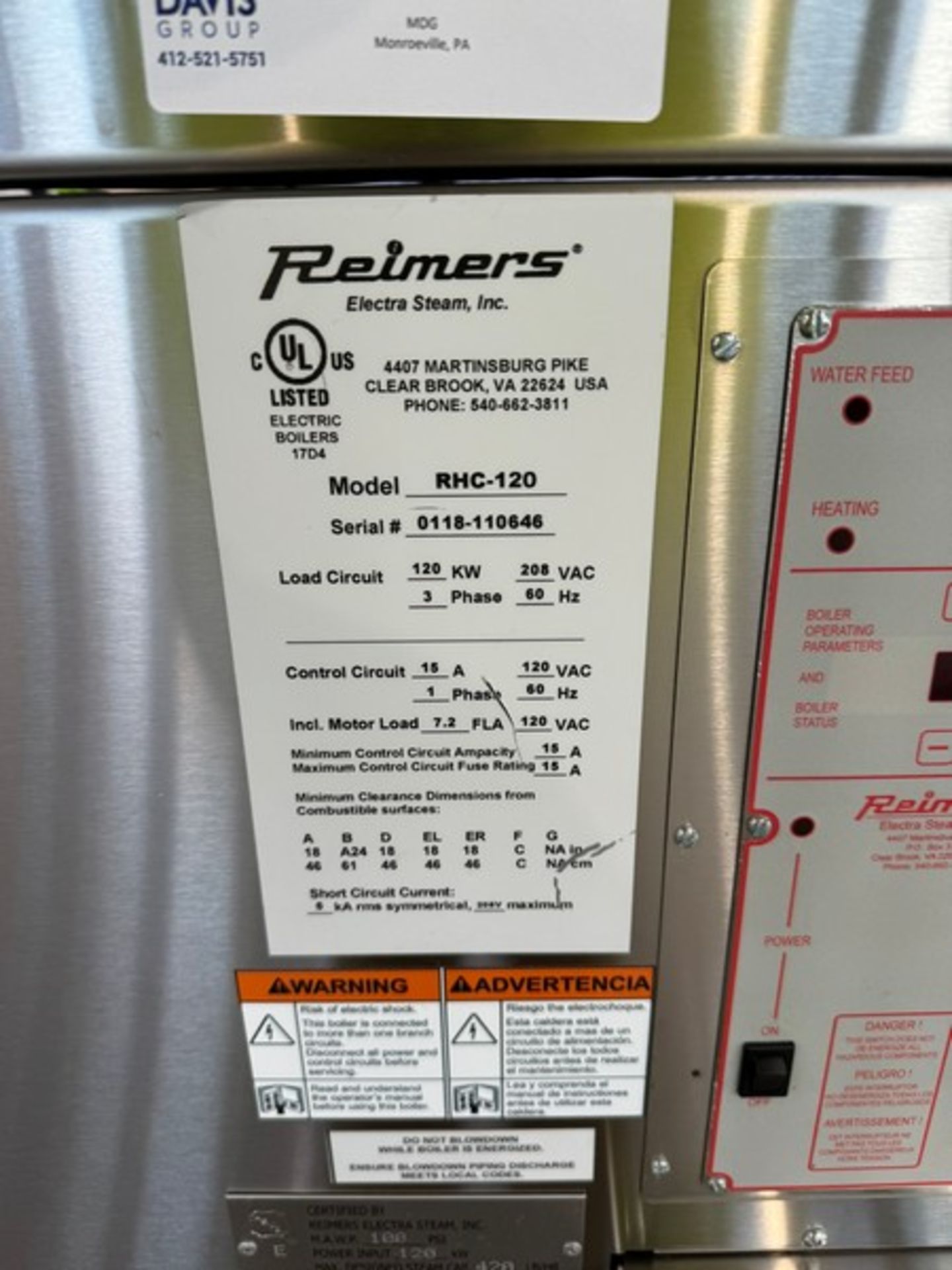 Reimers S/S Steam Boiler, M/N RHC-120, S/N 0118-110646, 208 Volts, 3 Phase(INV#103053) (Located @ - Image 3 of 7