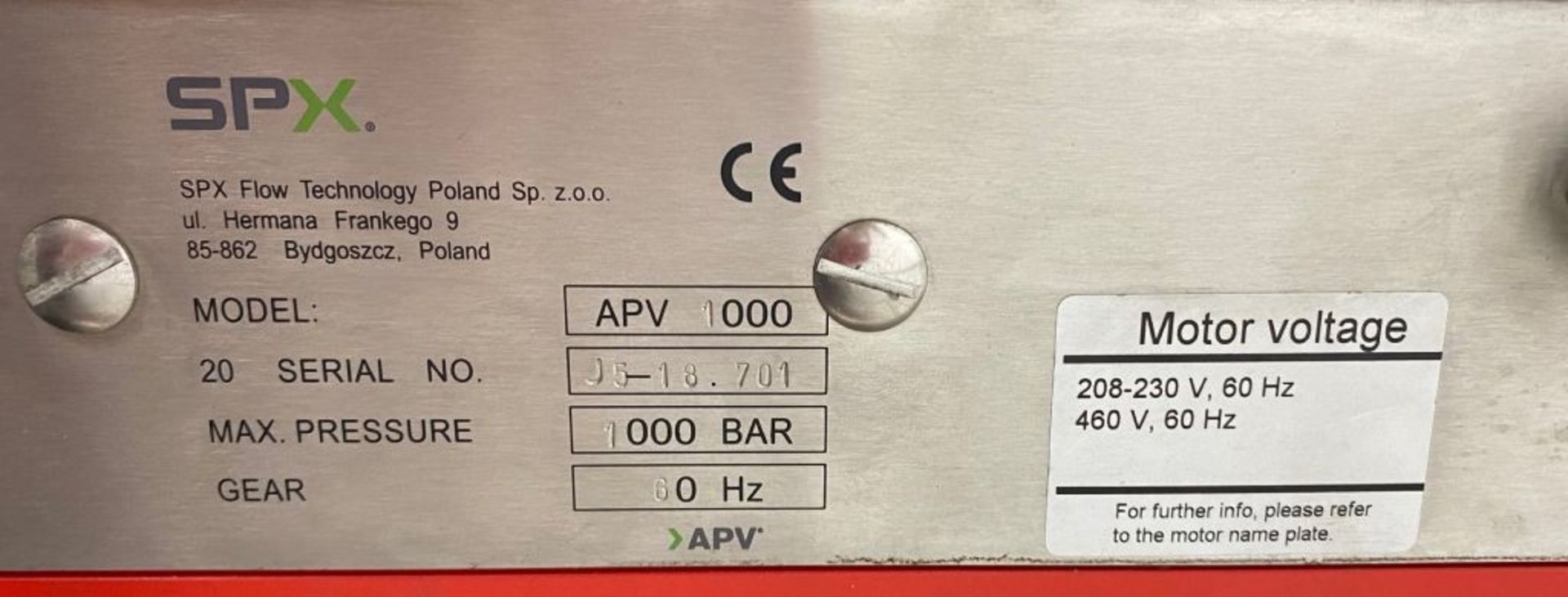 SPX APV1000 Homogenizer. Unit features: 208-230/460 Volt, 60 Hz. Capacity: 6 Gal/Hr (22 L/Hr), - Image 3 of 3