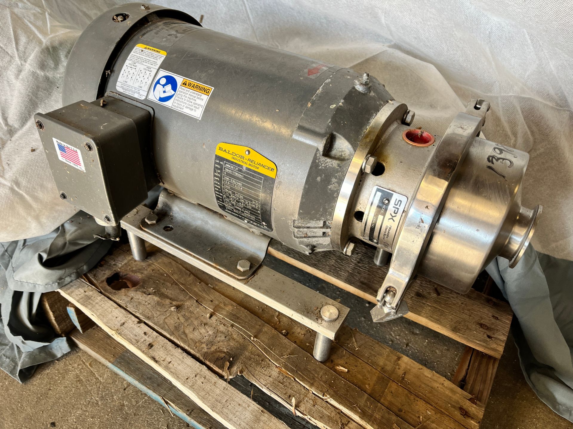 Used Sanitary Stainless Steel Centrifugal Pump 2 X 1 X 4.5. Built by SPX. 5 Hp Motor. (Item #13980-