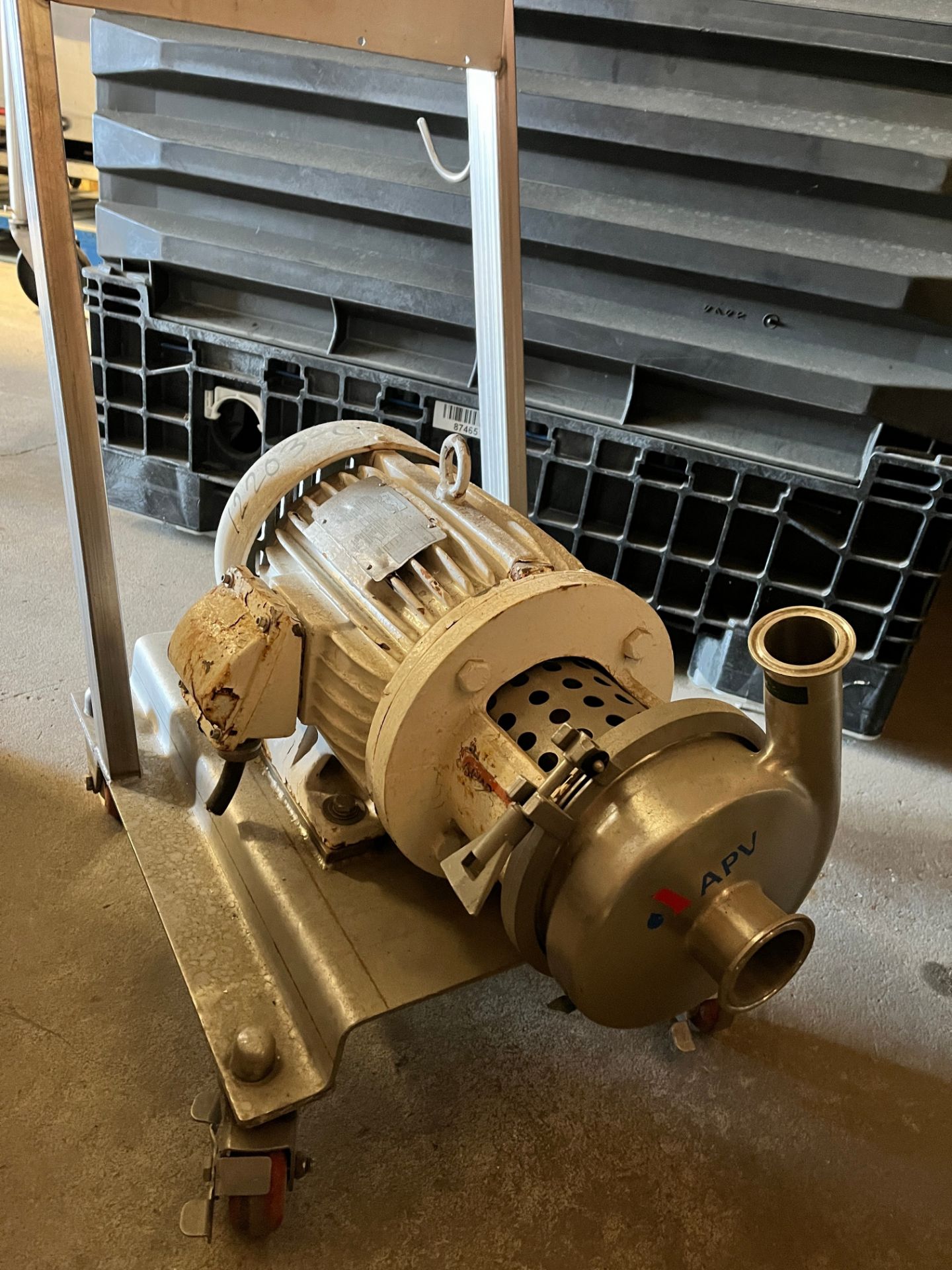 Used APV Centrifugal Pump, Sanitary Stainless Steel Constructions. 5 hp. 460 Volts Motor. Mounted on
