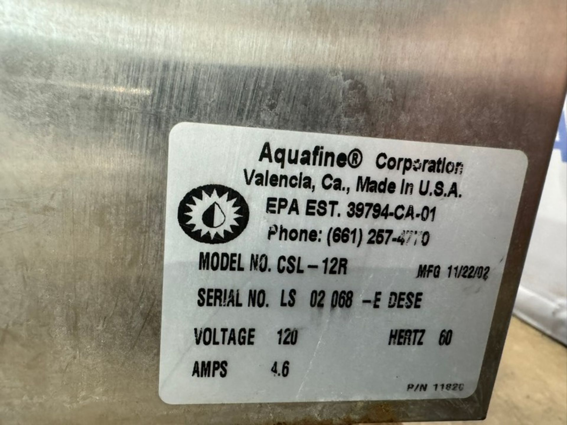 Aquafine S/S Ultraviolet Disinfection Unit, M/N CSL-8R, 120 Volts, with Aprox. 3" Clamp Type Inlet/ - Bild 6 aus 6