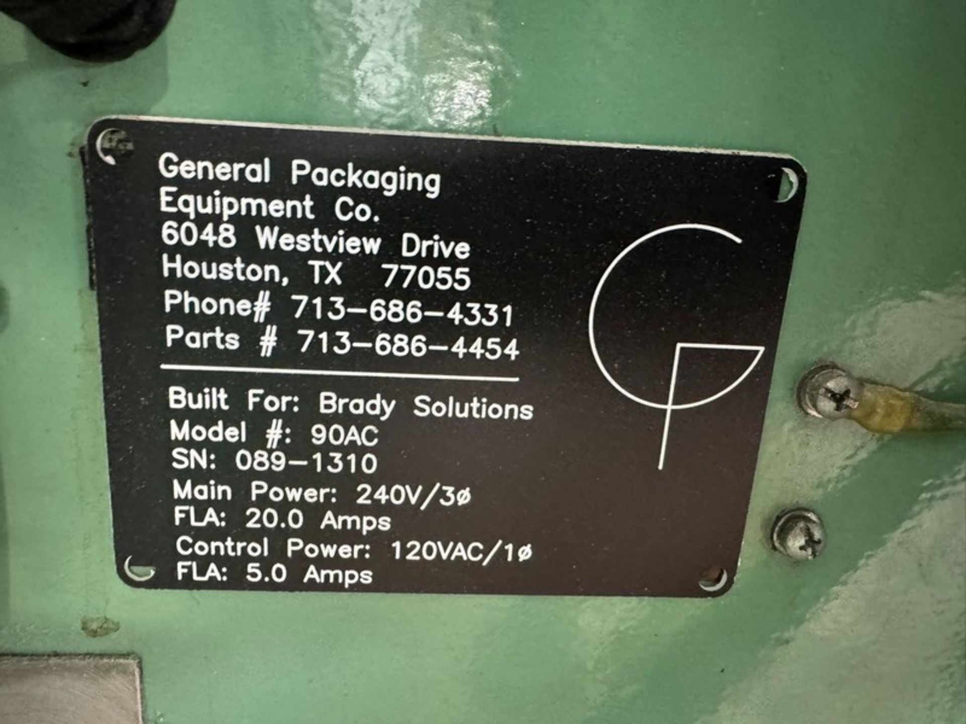 General Packaging Equipment Co. VFFS, M/N 90AC, S/N 089-1310, 240 Volts, 3 Phase (INV#100095) ( - Image 8 of 12