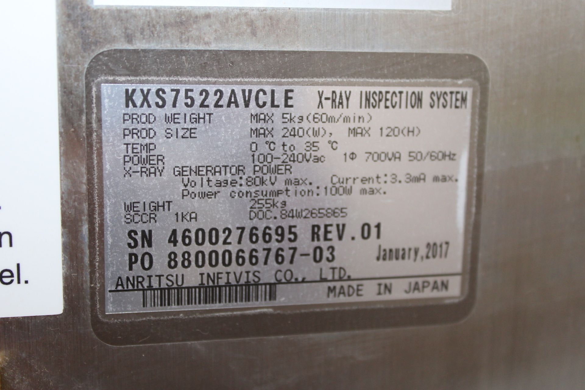 2017 ANRITSU X-RAY INSPECTION SYSTEM WITH HYDRAULIC REJECT ARM, MODEL KXS7522AVCLE, S/N - Image 8 of 11