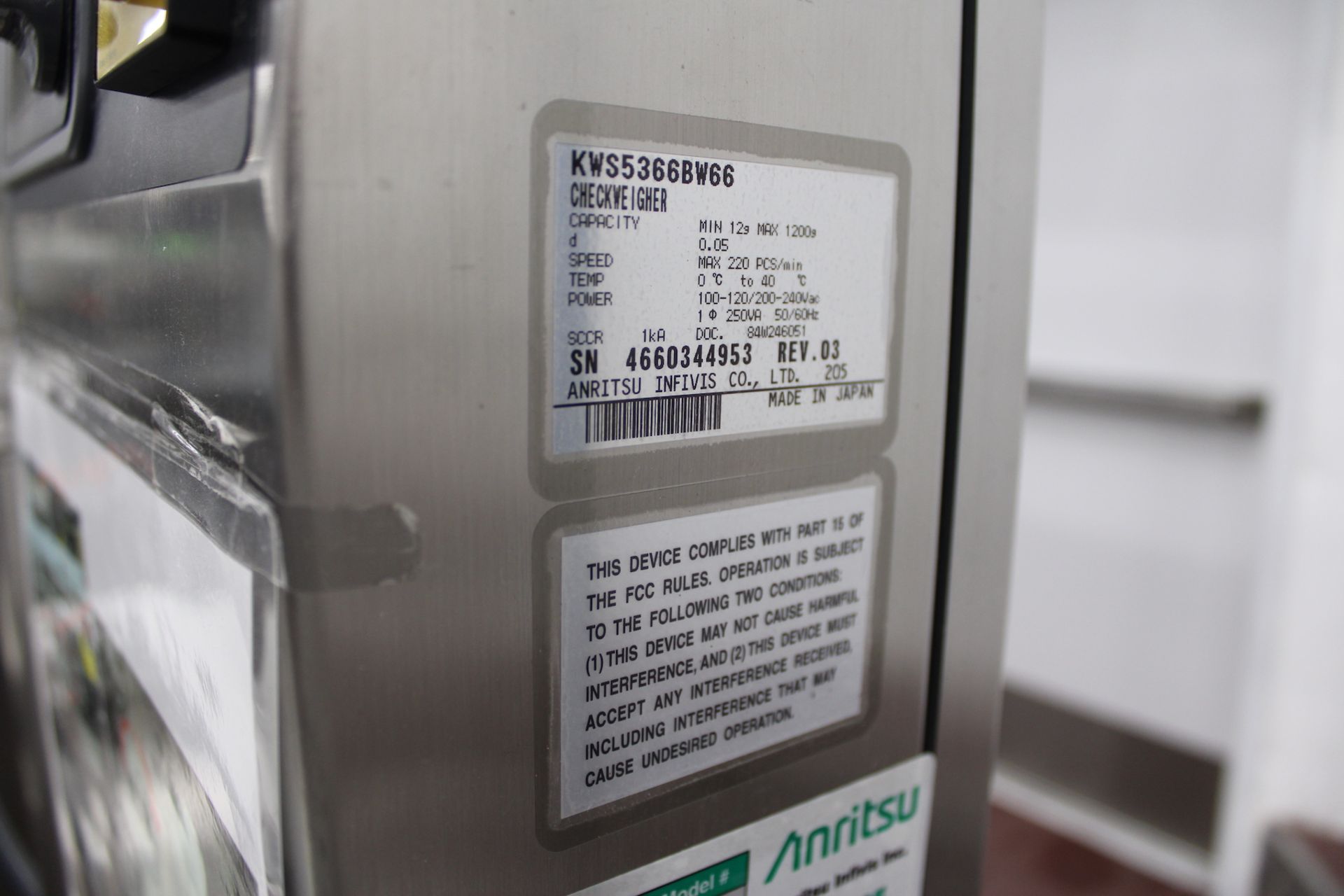 ANRITSU CHECK WEIGHER SYSTEM, MODEL SSV SERIES KWS5366BW66, S/N 4660344953, WITH PRODUCT REJECT - Image 8 of 9
