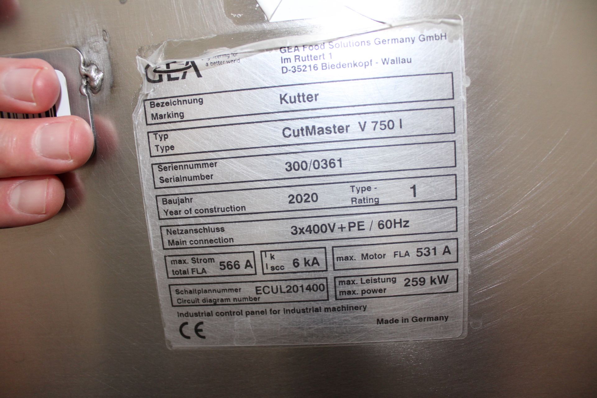 2020 GEA CUTMASTER BOWL CHOPPER, MODEL CUTMASTER V 750 I, S/N 300/0361, 2-DOOR CONTROL PANEL/HMI/ - Image 9 of 12