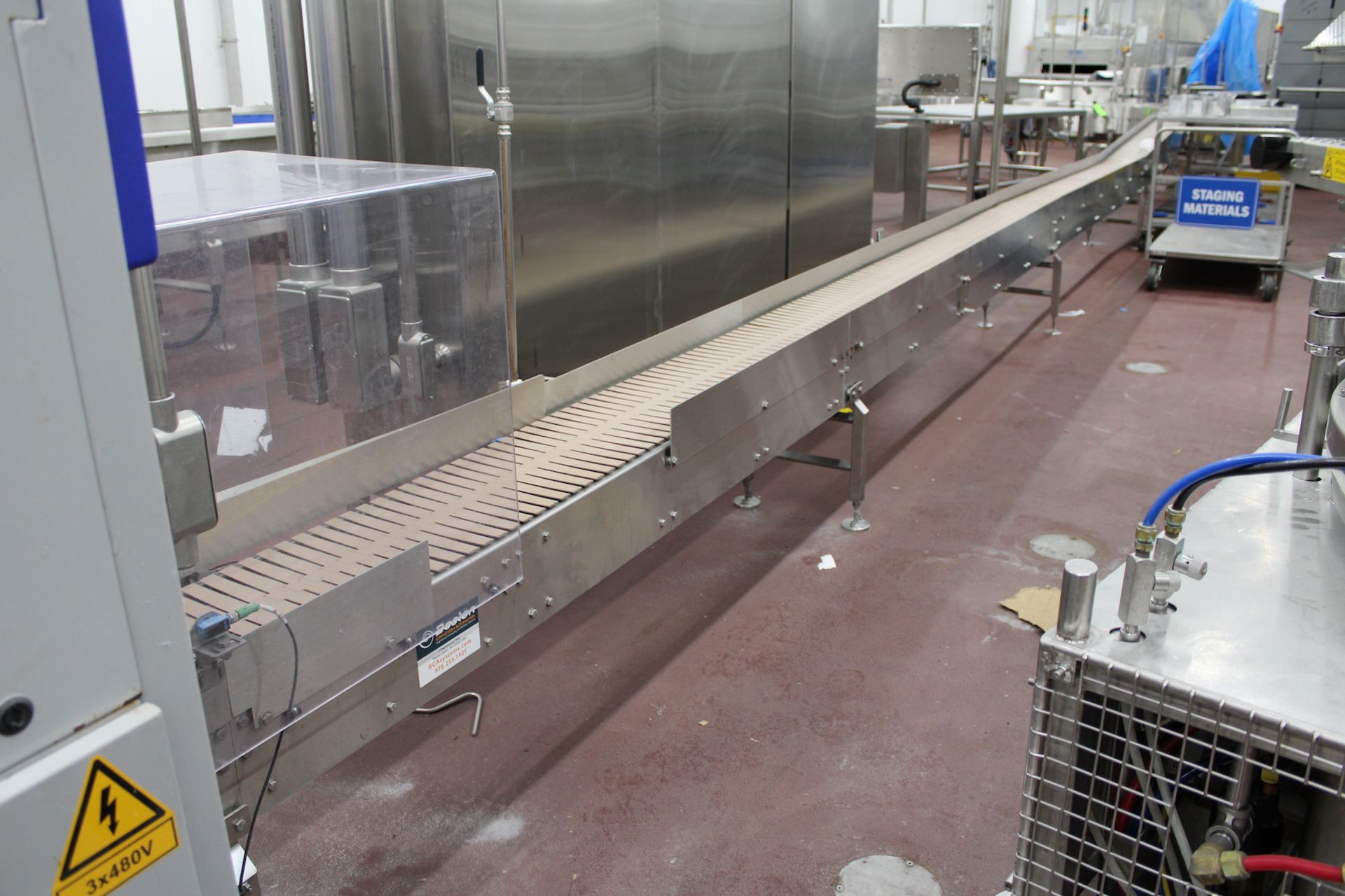 BOSTON CONVEYORS AND AUTOMATION CASE CONVEYOR, APPROX. 470 IN. L X 14 IN W BELT, INCLUDES SWITCH