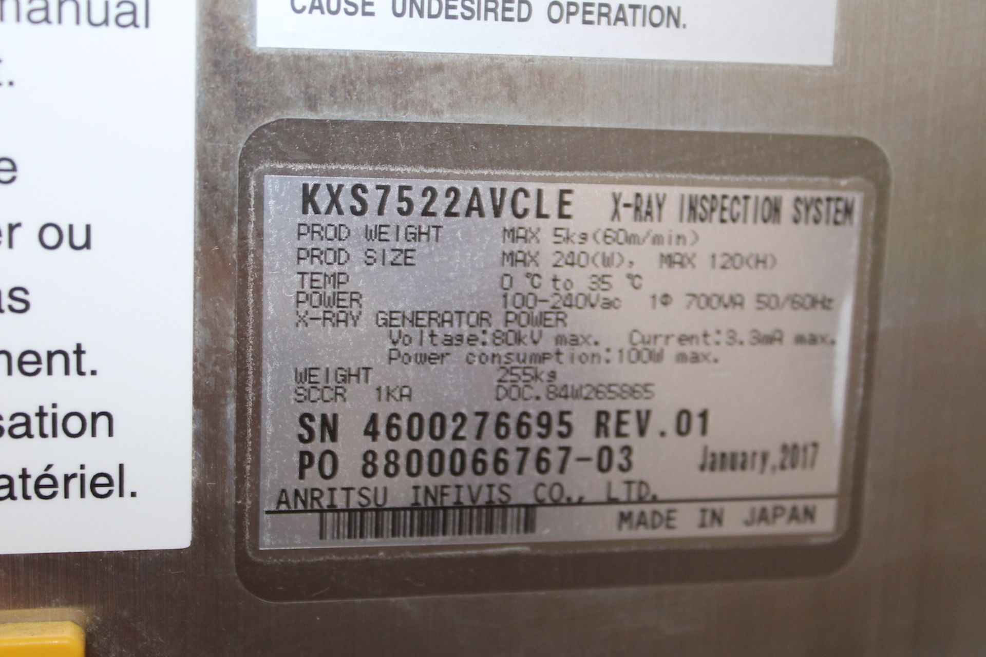 2017 ANRITSU X-RAY INSPECTION SYSTEM WITH HYDRAULIC REJECT ARM, MODEL KXS7522AVCLE, S/N - Image 7 of 11