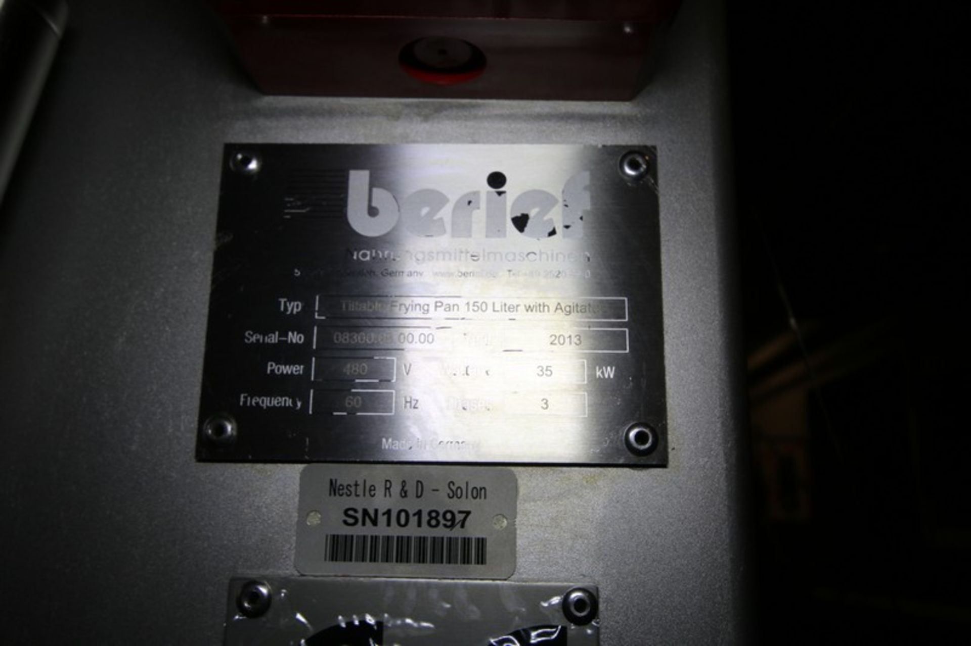 2013 Berief 150 Liter S/S Tilting Fryer Type Tiltable Frying Pan 150 Liter with Agitator, SN 08300. - Image 7 of 9