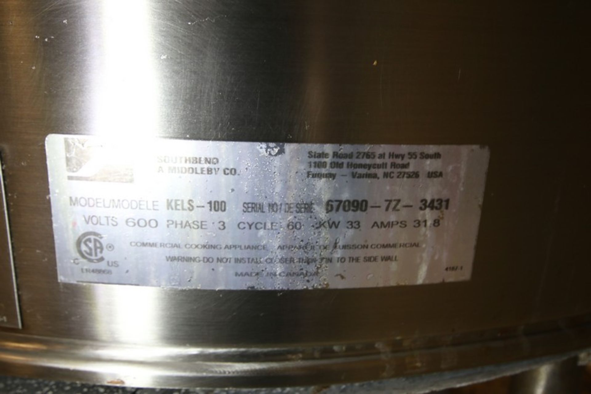 Southbend 100 Gallon S/S Jacketed Electric Kettle, Model KELS-100, SN 67090-7Z-3431 with 3" CT - Image 8 of 9