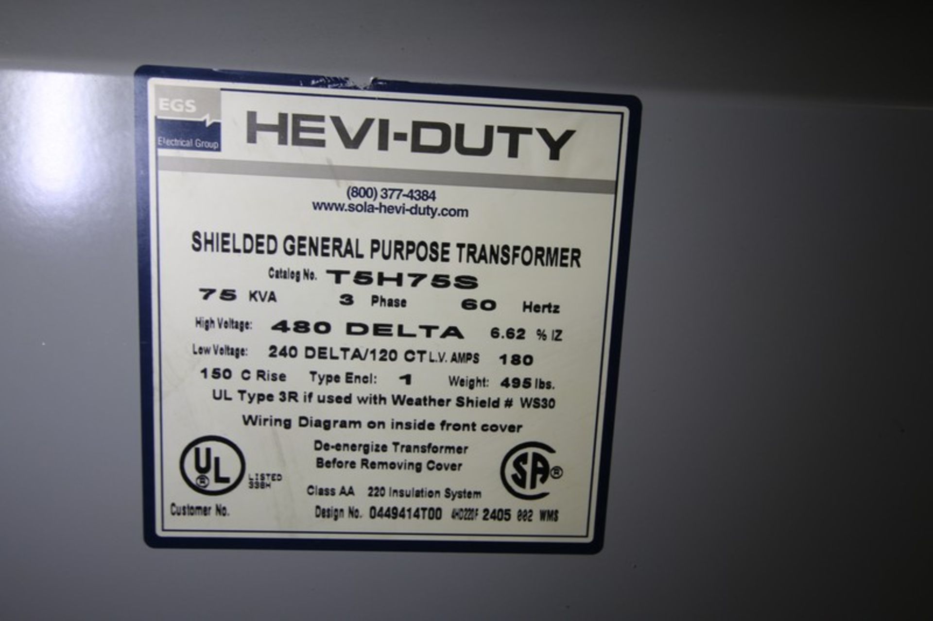 EGS Hevi-Duty 75 KVA Transformer, Cat No T5J5S, High Voltage - 480 Delta, Low Voltage - 240 - Image 7 of 7