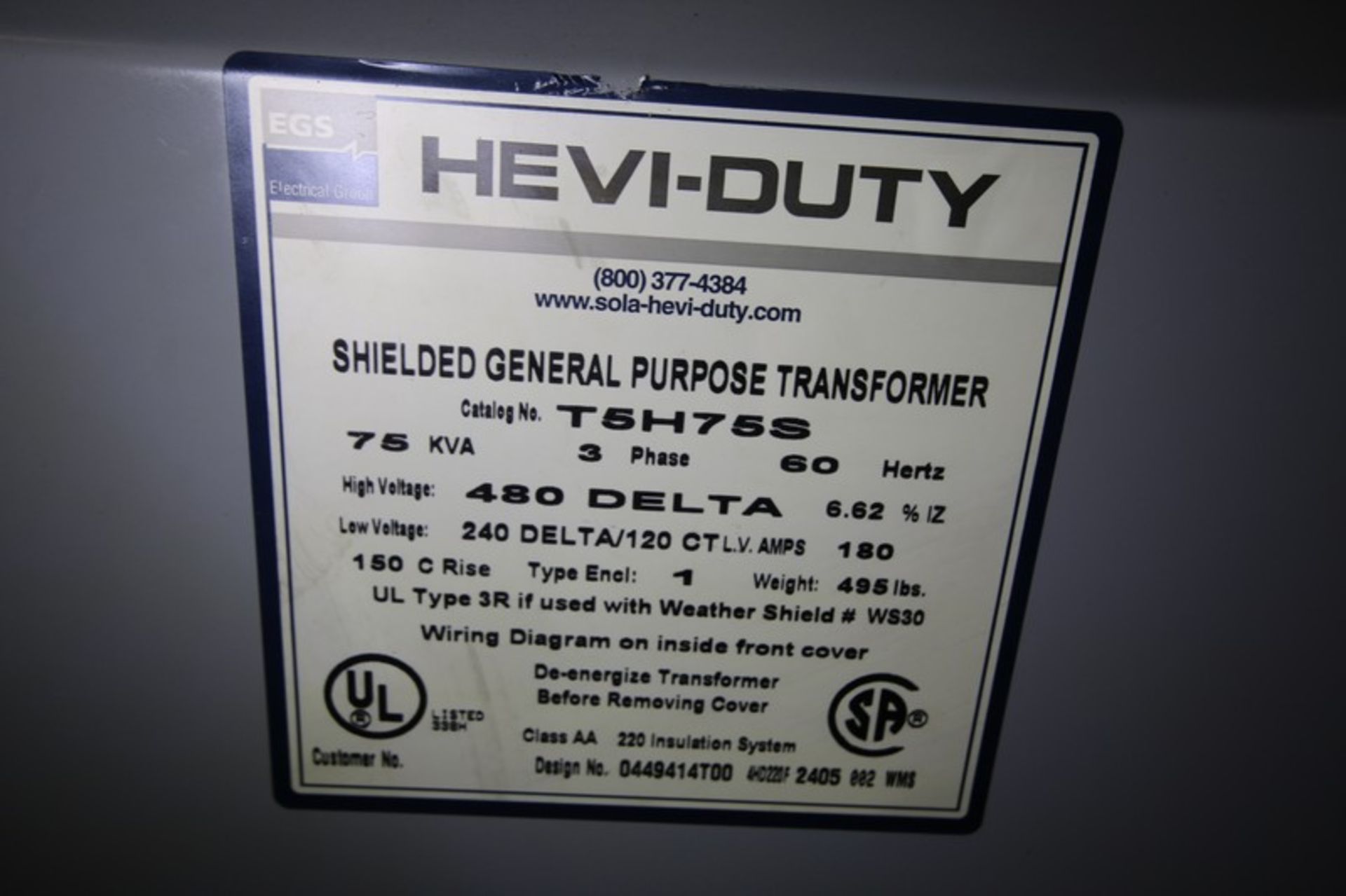 EGS Hevi-Duty 75 KVA Transformer, Cat No T5J5S, High Voltage - 480 Delta, Low Voltage - 240 - Image 2 of 7